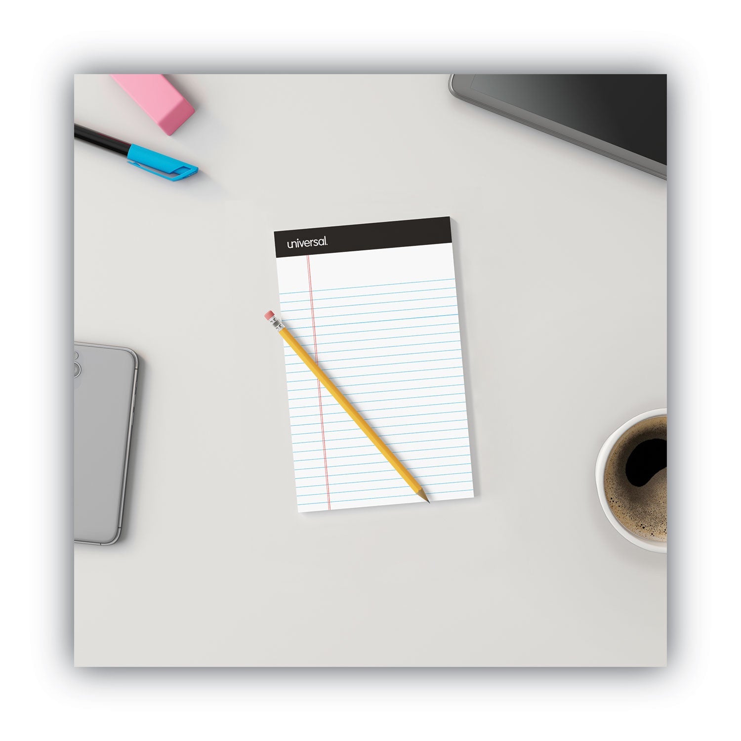 Universal® Premium Ruled Writing Pads With Heavy-Duty Back, Narrow Rule, Black Headband, 50 White 5 X 8 Sheets, 6/pack