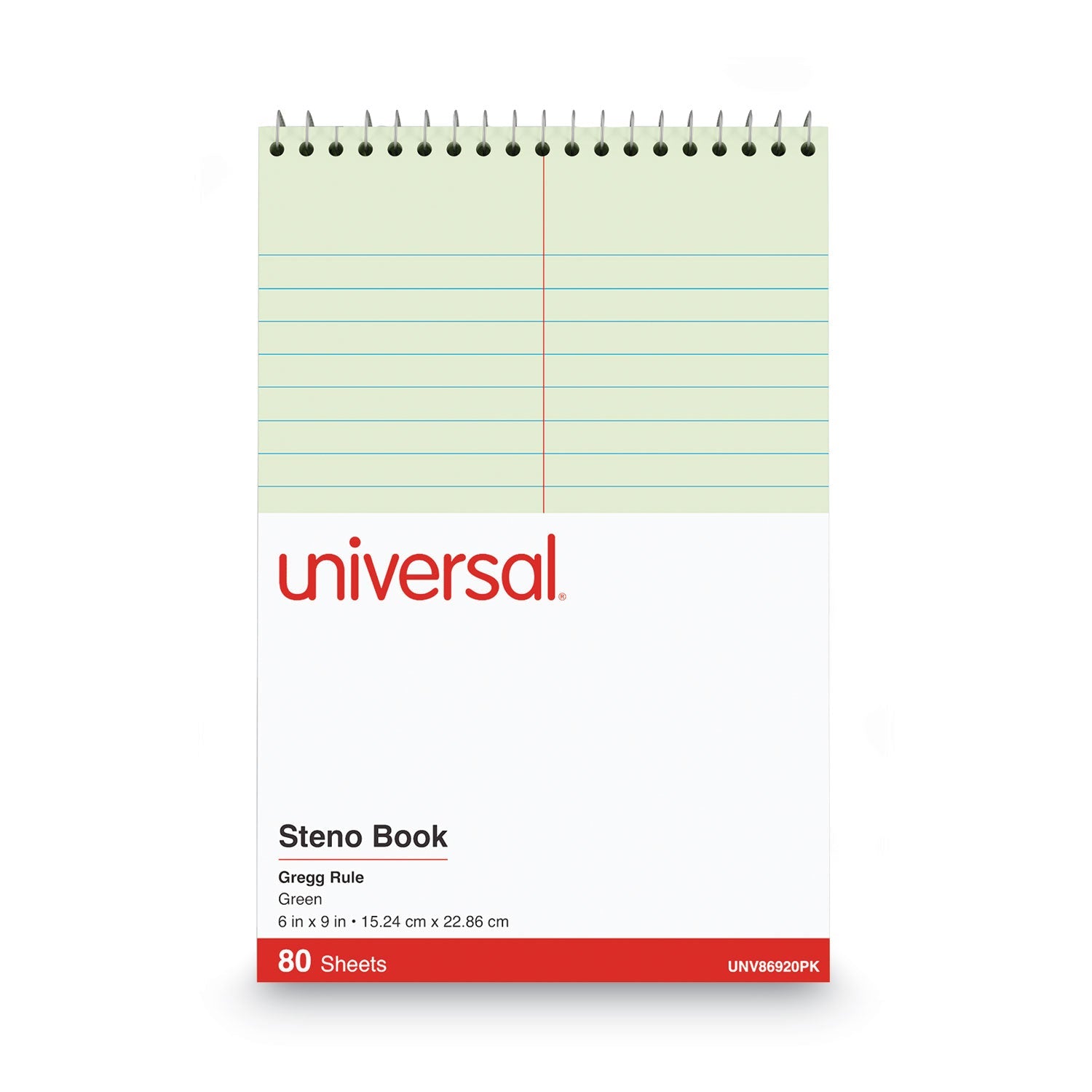 Universal® Steno Pads, Gregg Rule, Red Cover, 80 Green-Tint 6 X 9 Sheets, 6/pack