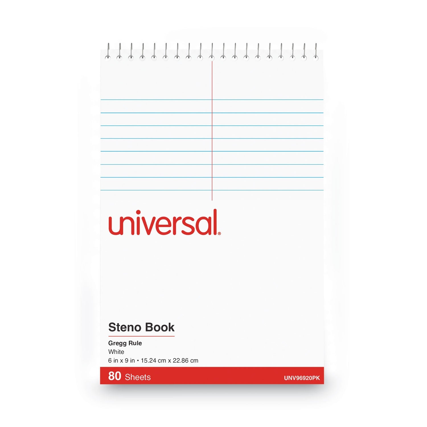 Universal® Steno Pads, Gregg Rule, Red Cover, 80 White 6 X 9 Sheets, 6/pack