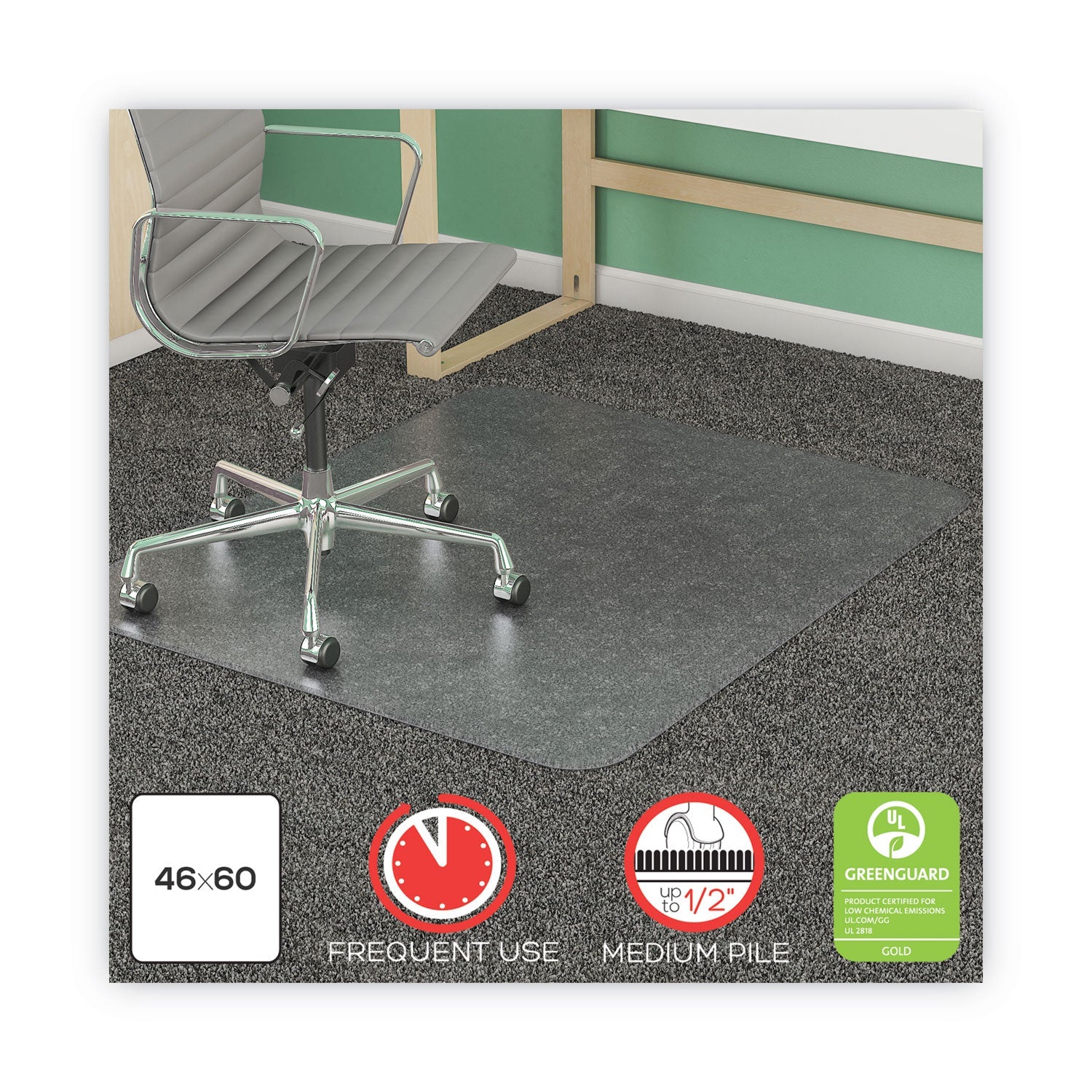 deflecto® Supermat Frequent Use Chair Mat, Med Pile Carpet, Roll, 46 X 60, Rectangle, Clear