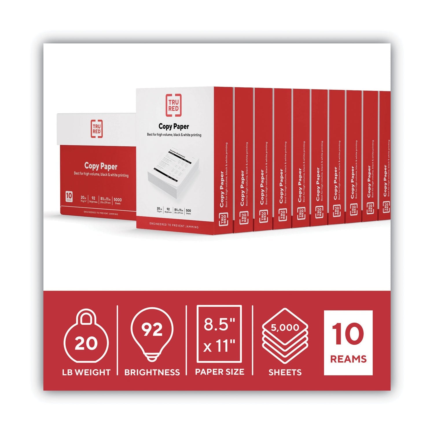 TRU RED™ Printer Paper, 92 Bright, 20 lb Bond Weight, 8.5 x 11, 500 Sheets/Ream, 10 Reams/Carton