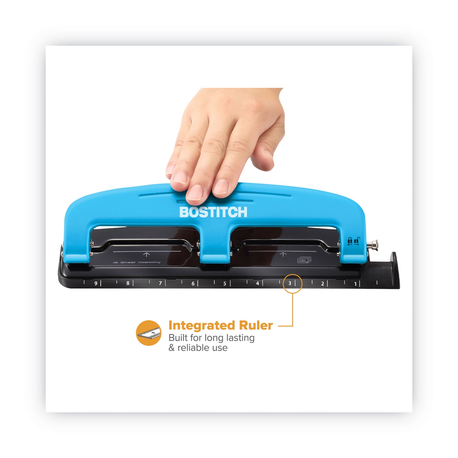 Bostitch® 12-Sheet Ez Squeeze Three-Hole Punch, 9/32" Holes, Blue/black