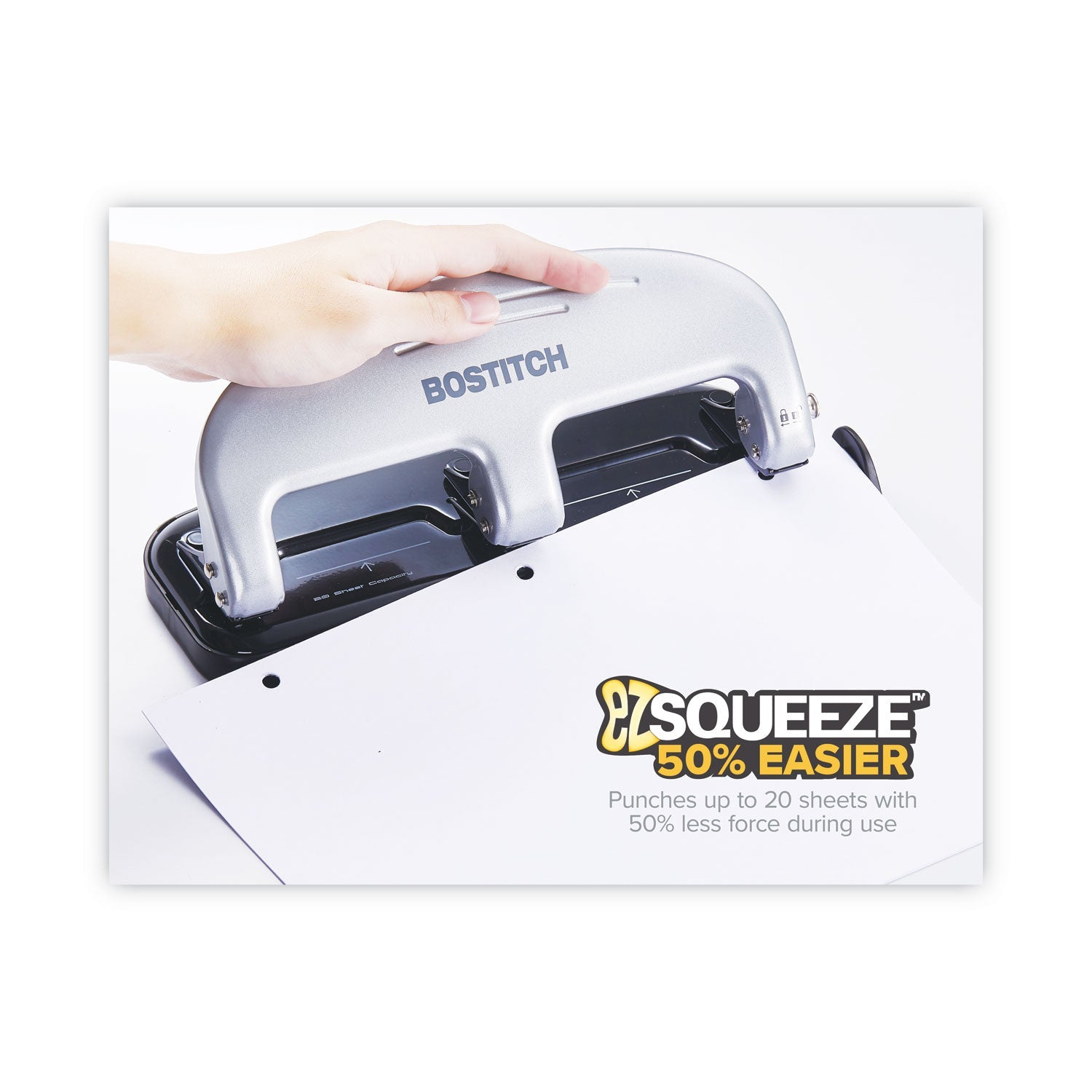 Bostitch® 20-Sheet Ez Squeeze Three-Hole Punch, 9/32" Holes, Black/silver
