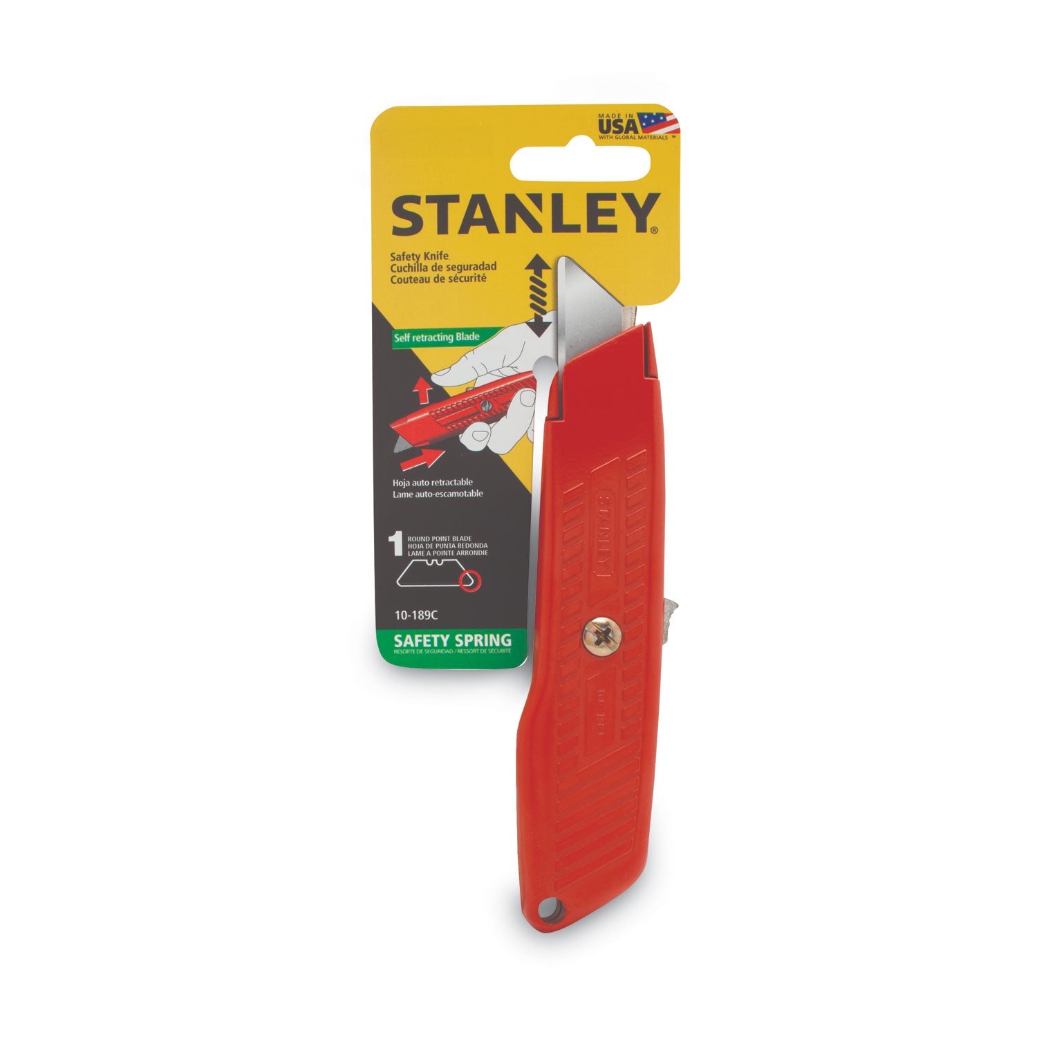Stanley® Interlock Safety Utility Knife with Self-Retracting Round Point Blade, 5.63" Metal Handle, Red Orange