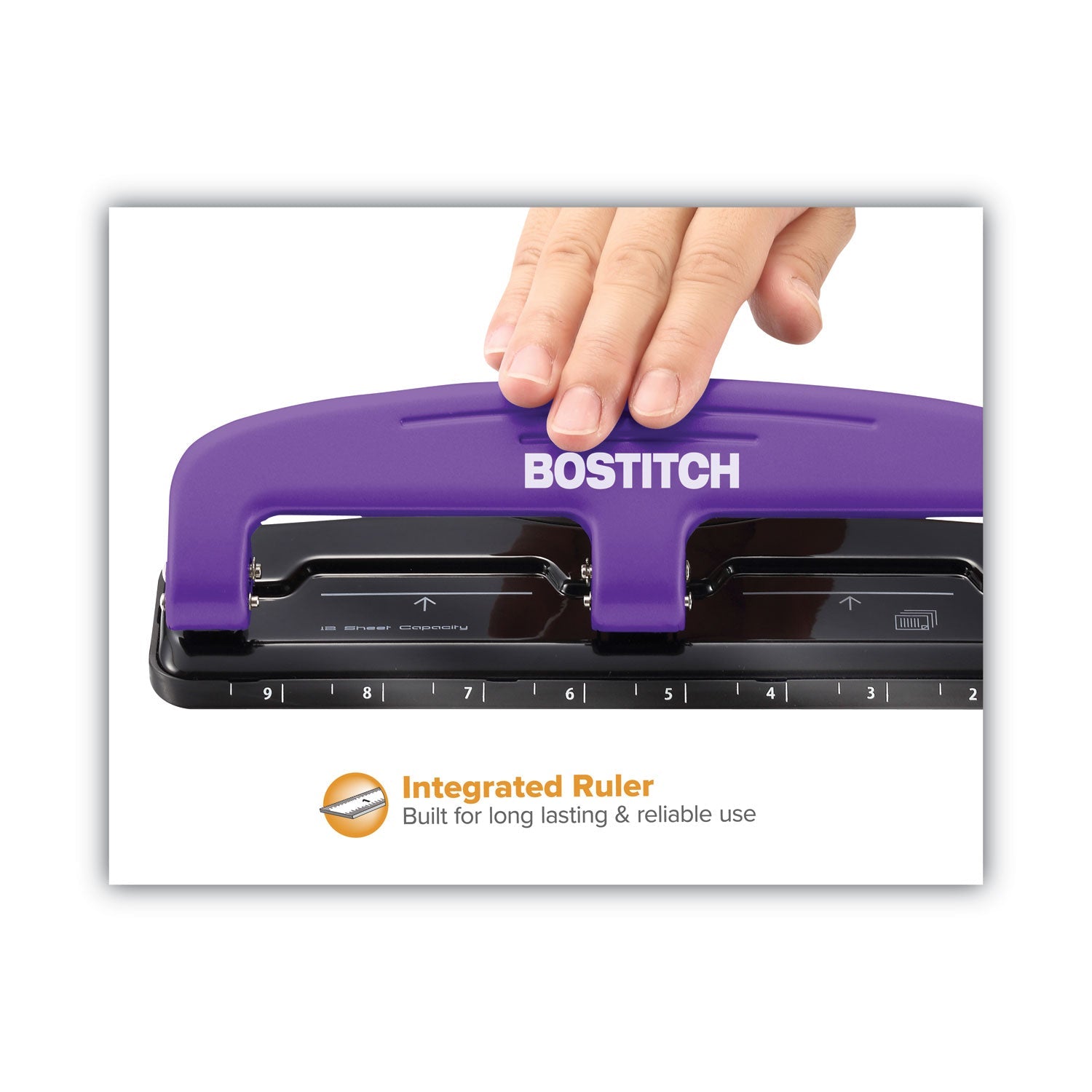 Bostitch® 12-Sheet Ez Squeeze Three-Hole Punch, 9/32" Holes, Purple/black