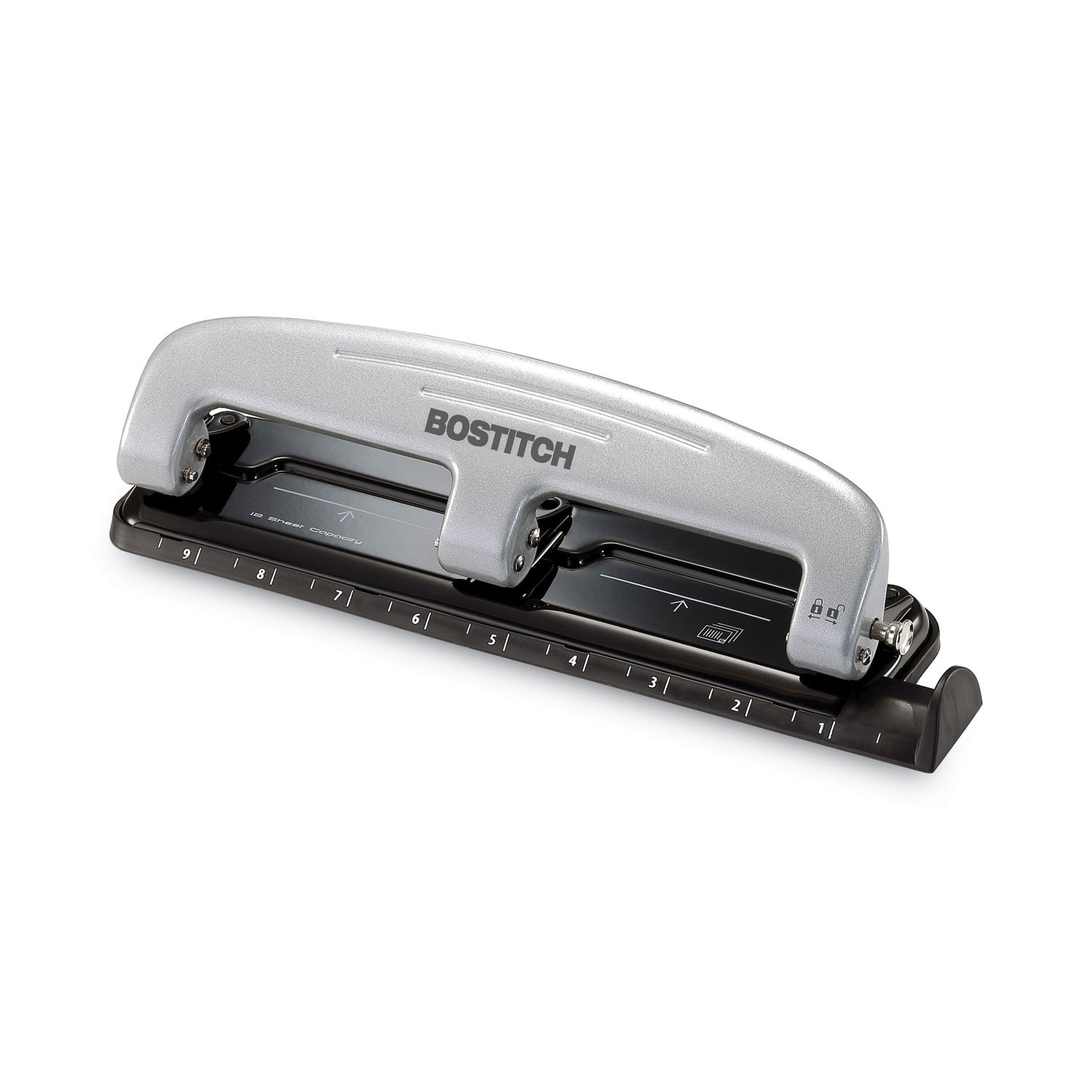 Bostitch® 12-Sheet Ez Squeeze Three-Hole Punch, 9/32" Holes, Black/silver