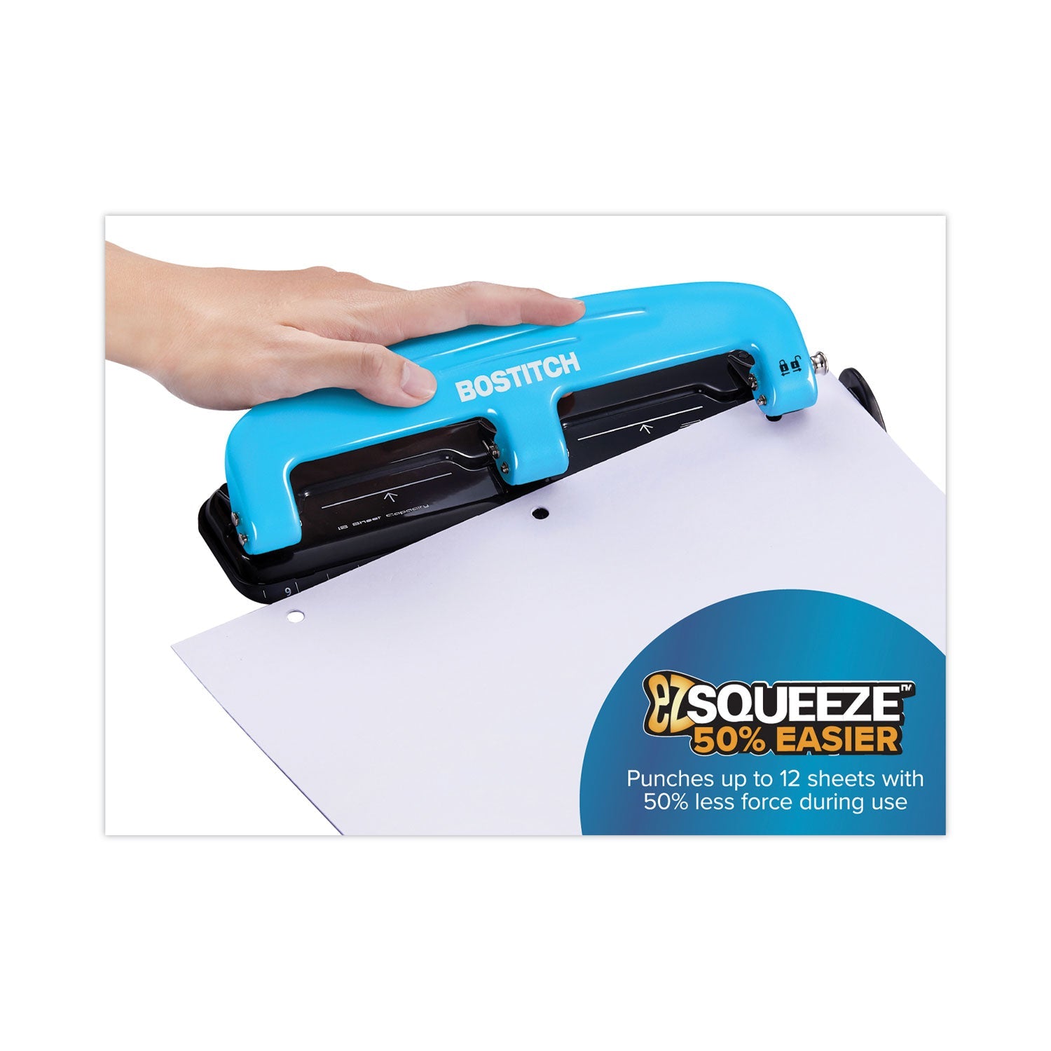 Bostitch® 12-Sheet Ez Squeeze Three-Hole Punch, 9/32" Holes, Blue/black