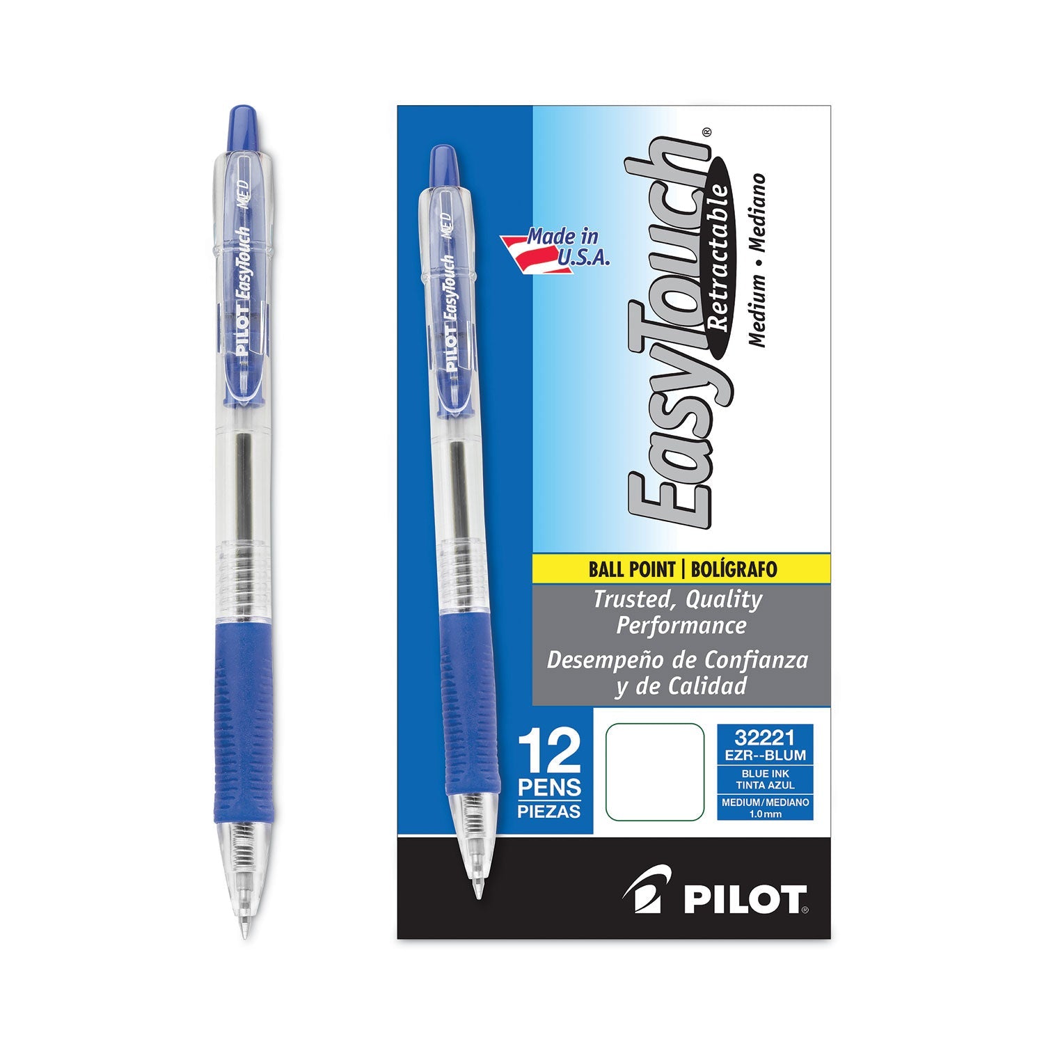 Pilot® Easytouch Ballpoint Pen, Retractable, Medium 1 Mm, Blue Ink, Clear Barrel, Dozen