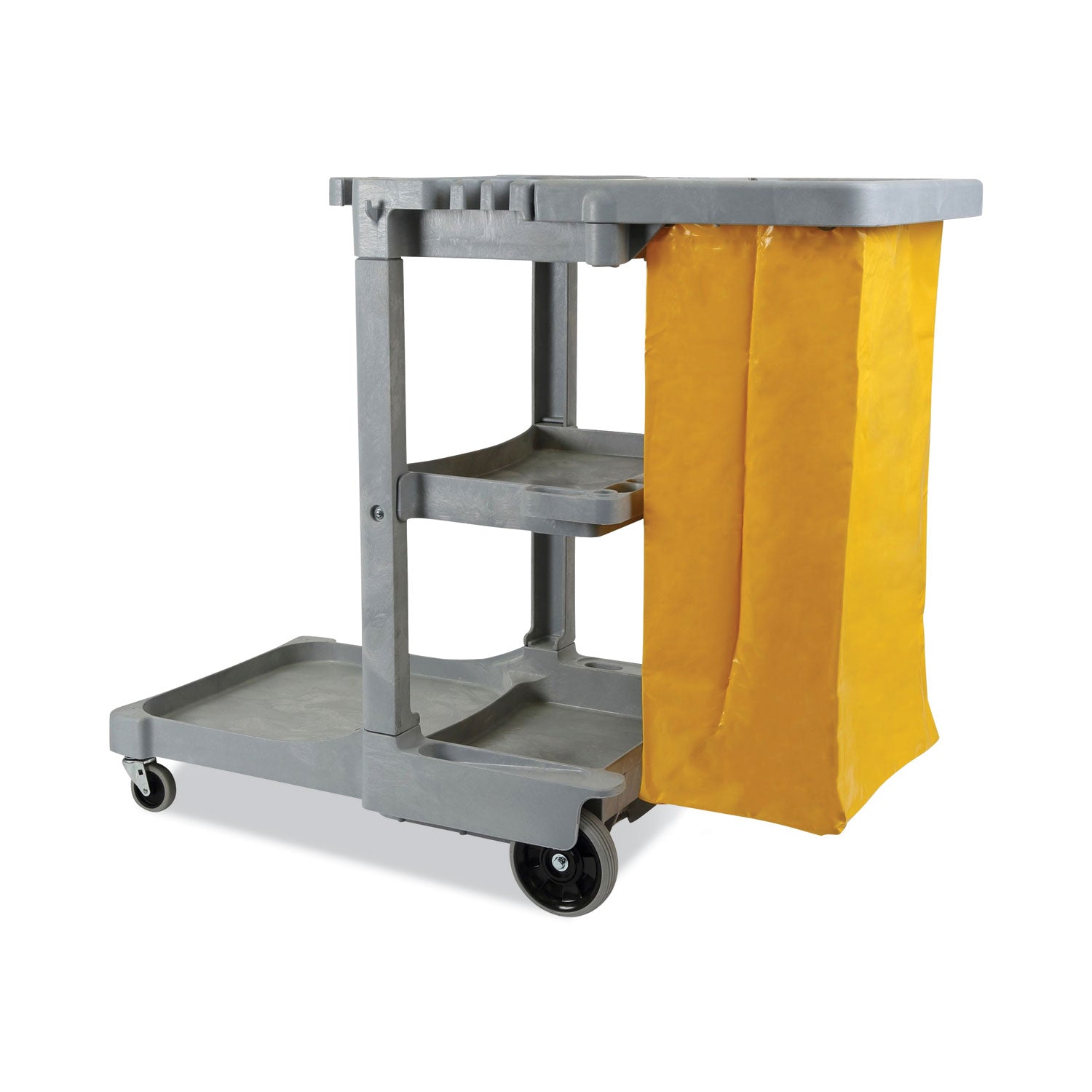 Boardwalk® Janitor's Cart, Plastic, 4 Shelves, 1 Bin, 19" x 45" x 39", Gray
