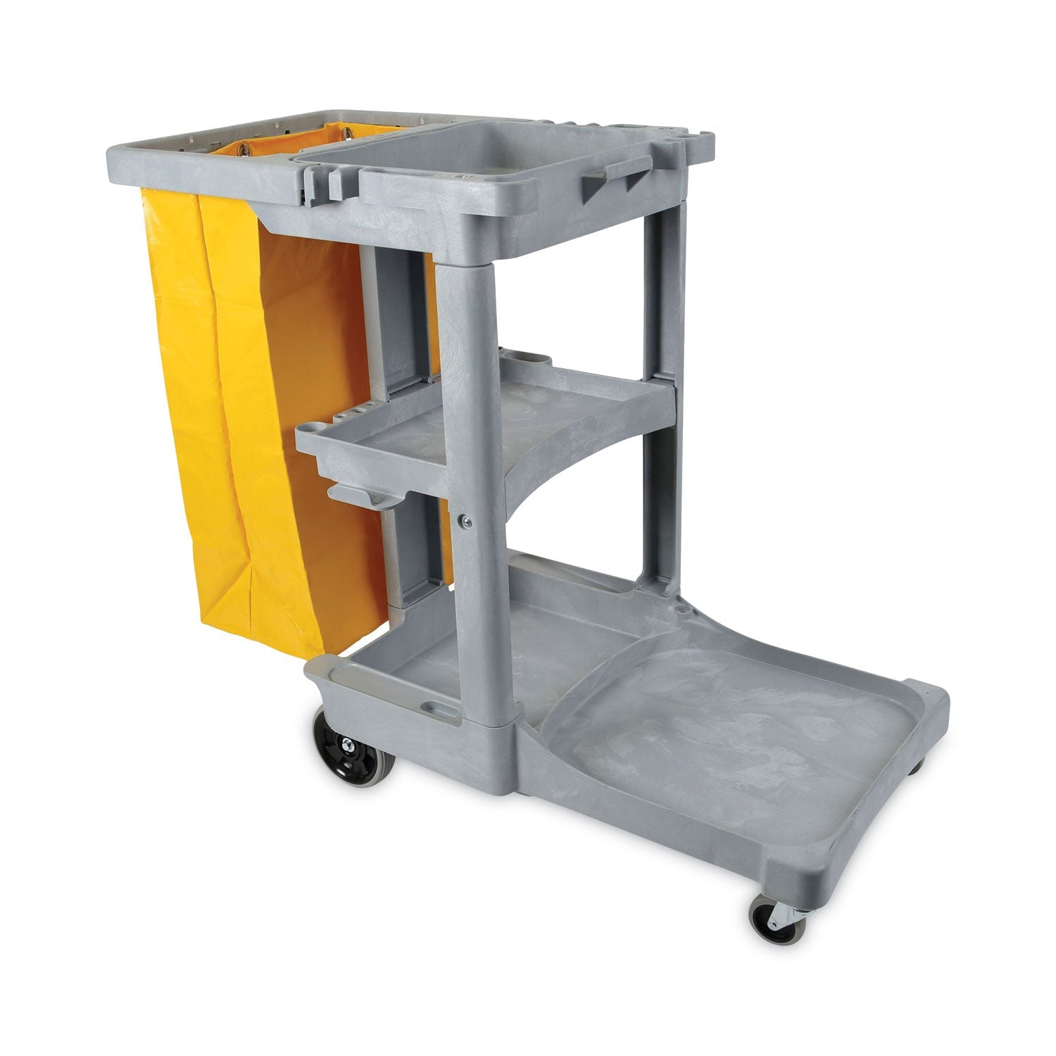 Boardwalk® Janitor's Cart, Plastic, 4 Shelves, 1 Bin, 19" x 45" x 39", Gray