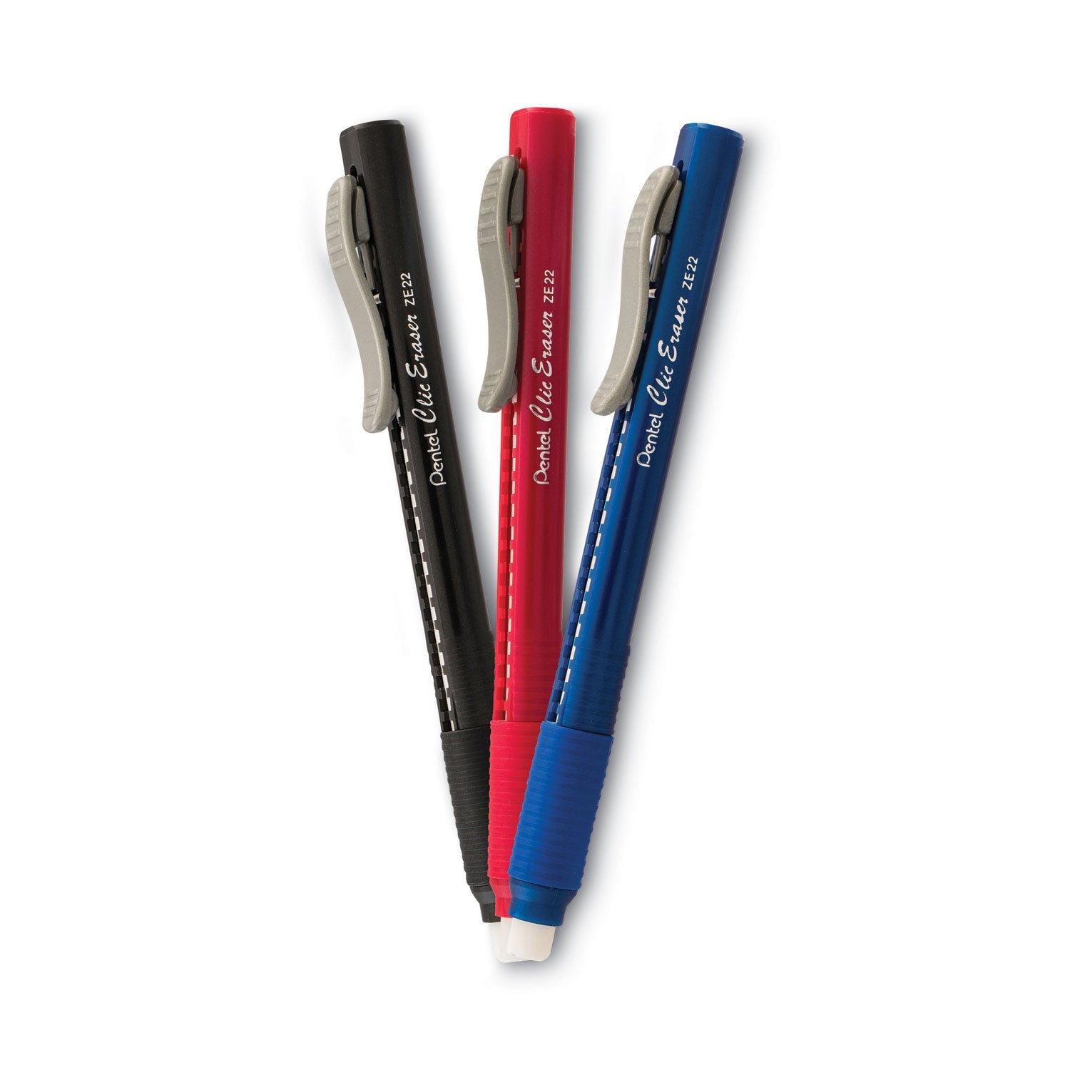 Pentel® Clic Eraser Grip Eraser, For Pencil Marks, White Eraser, Randomly Assorted Barrel Color, 3/pack
