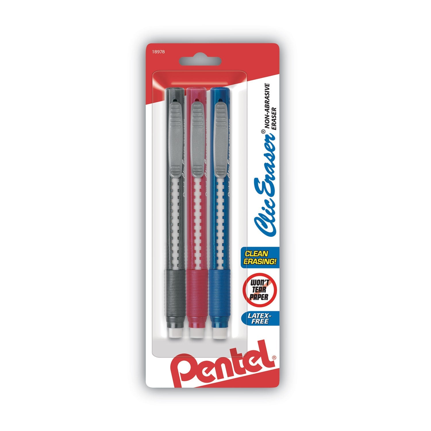 Pentel® Clic Eraser Grip Eraser, For Pencil Marks, White Eraser, Randomly Assorted Barrel Color, 3/pack