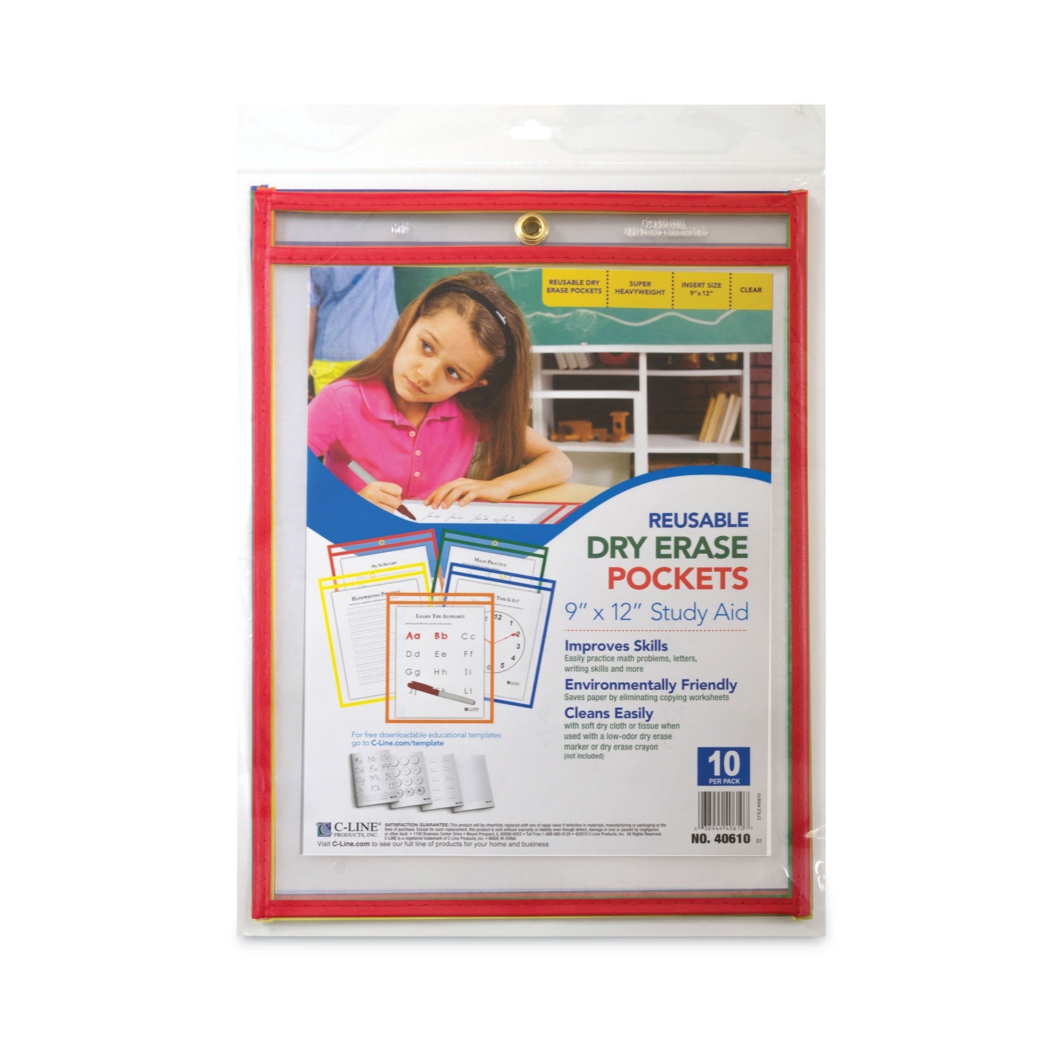 C-Line® Reusable Dry Erase Pockets, 9 X 12, Assorted Primary Colors, 10/pack