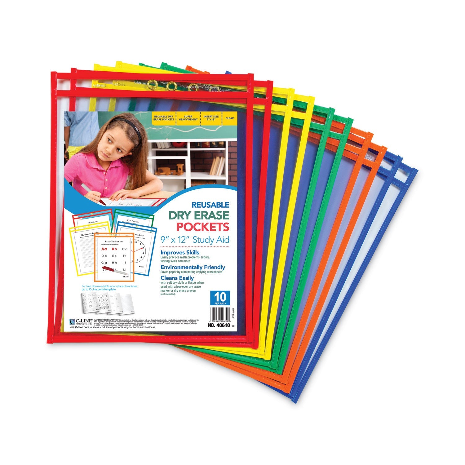 C-Line® Reusable Dry Erase Pockets, 9 X 12, Assorted Primary Colors, 10/pack