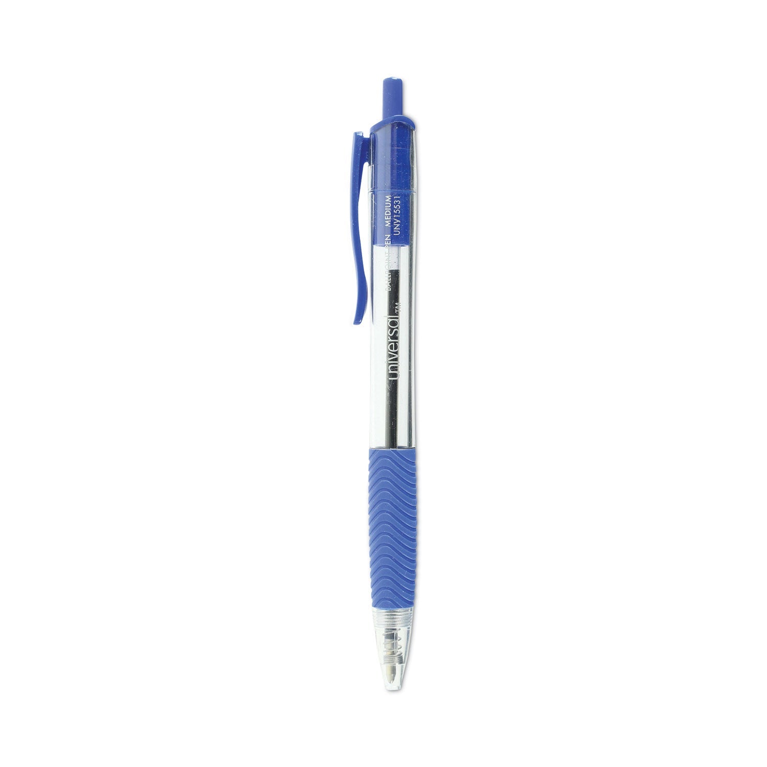 Universal™ Comfort Grip Ballpoint Pen, Retractable, Medium 1 mm, Blue Ink, Clear/Blue Barrel, Dozen