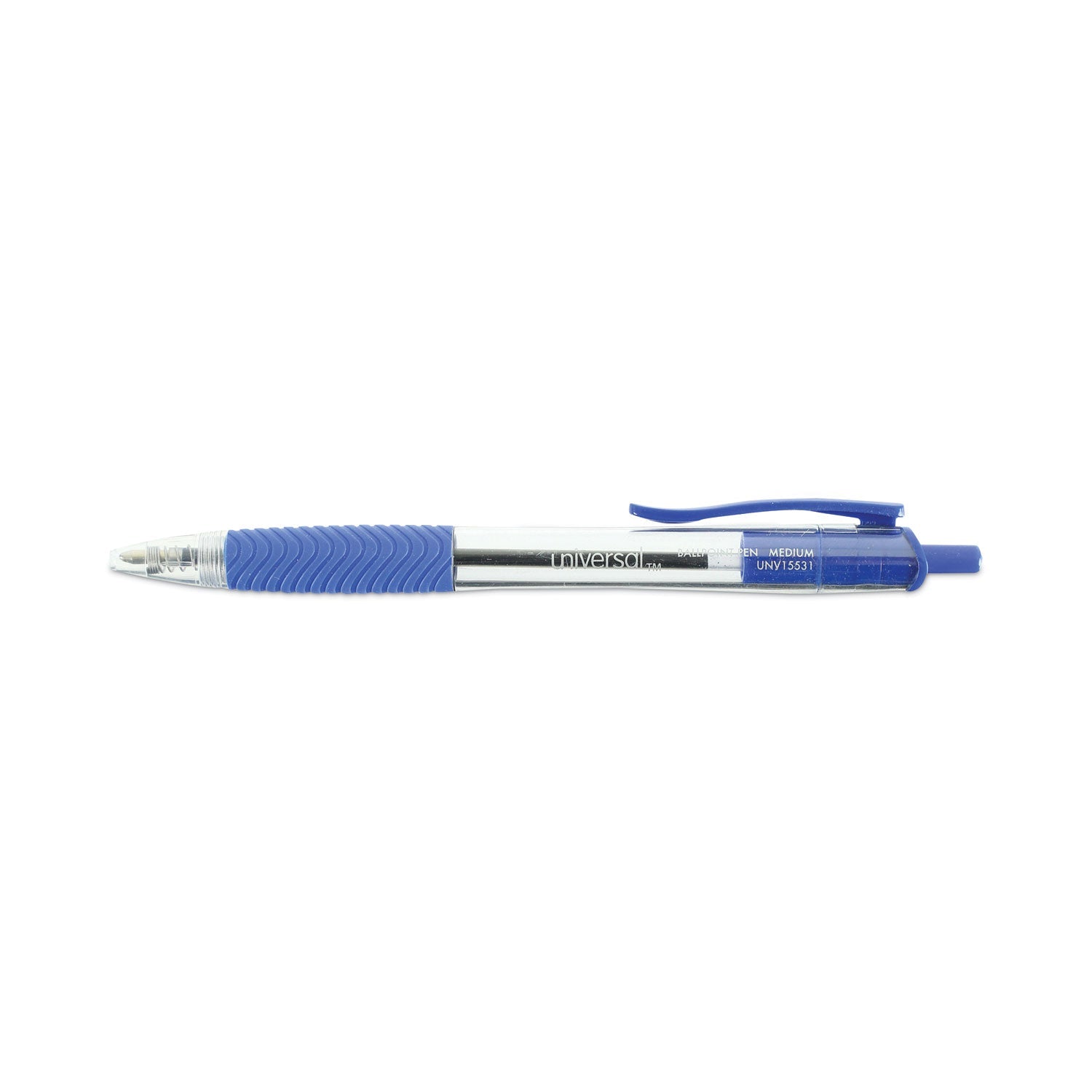 Universal™ Comfort Grip Ballpoint Pen, Retractable, Medium 1 mm, Blue Ink, Clear/Blue Barrel, Dozen
