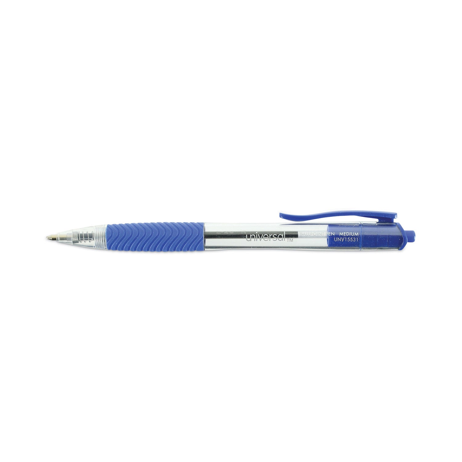 Universal™ Comfort Grip Ballpoint Pen, Retractable, Medium 1 mm, Blue Ink, Clear/Blue Barrel, Dozen