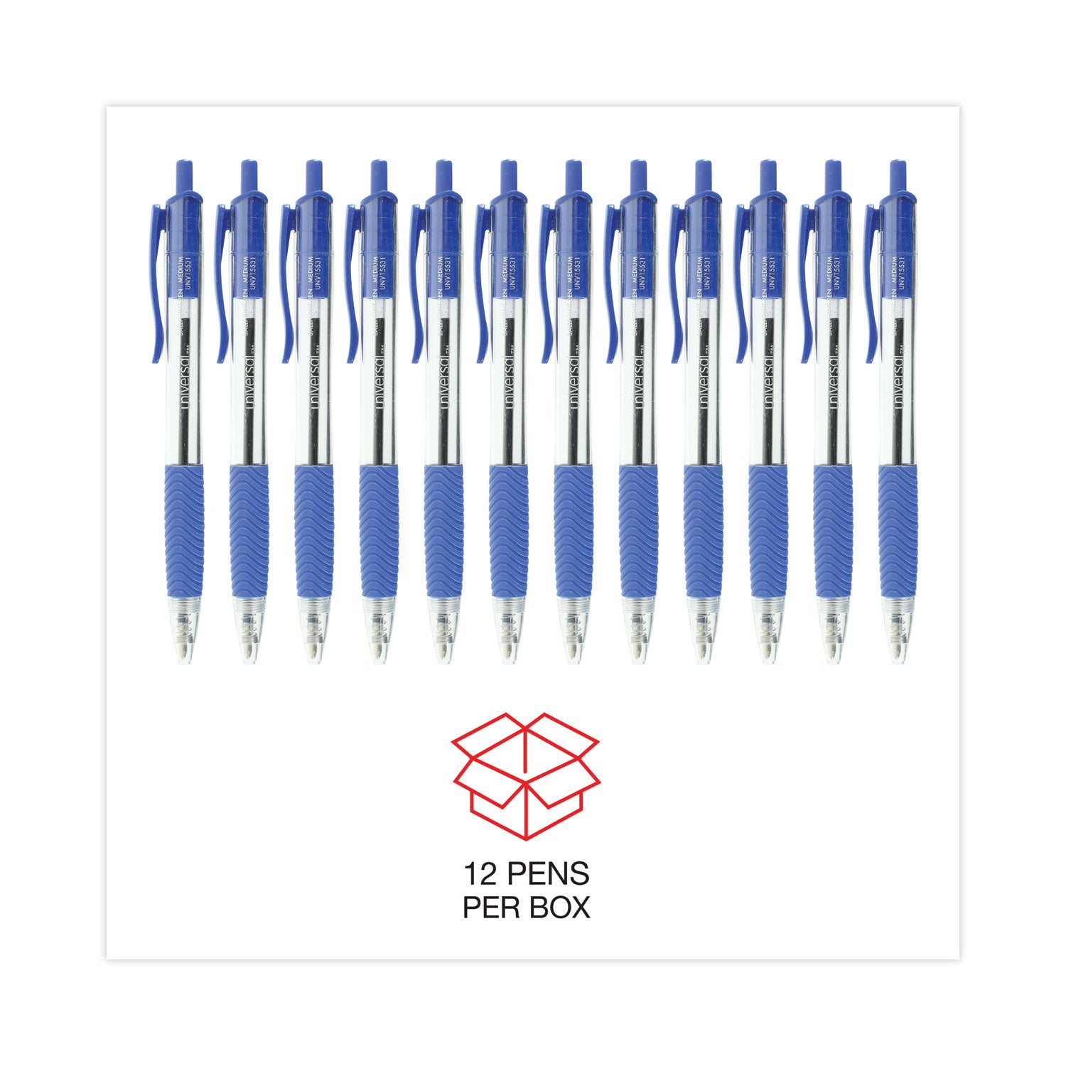 Universal™ Comfort Grip Ballpoint Pen, Retractable, Medium 1 mm, Blue Ink, Clear/Blue Barrel, Dozen