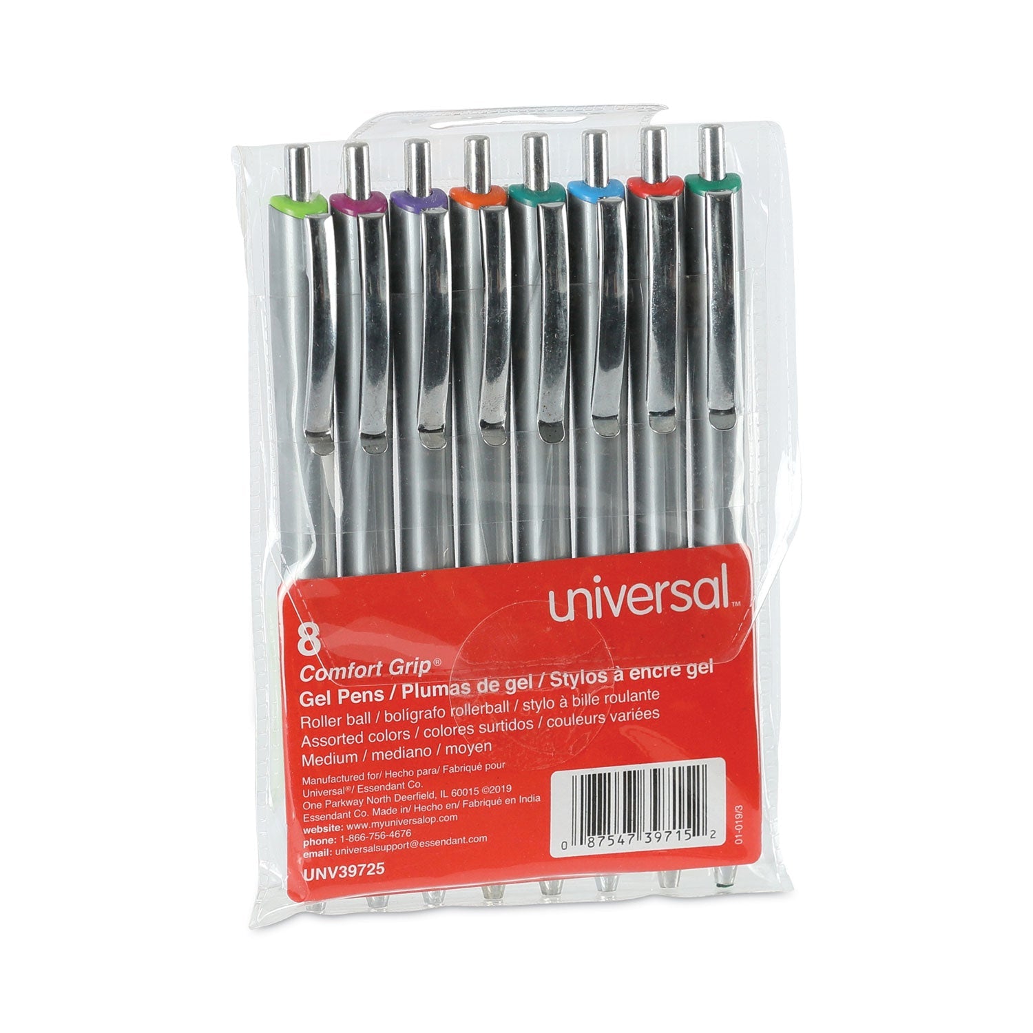 Universal™ Comfort Grip Gel Pen, Retractable, Medium 0.7 mm, Assorted Ink and Barrel Colors, 8/Pack