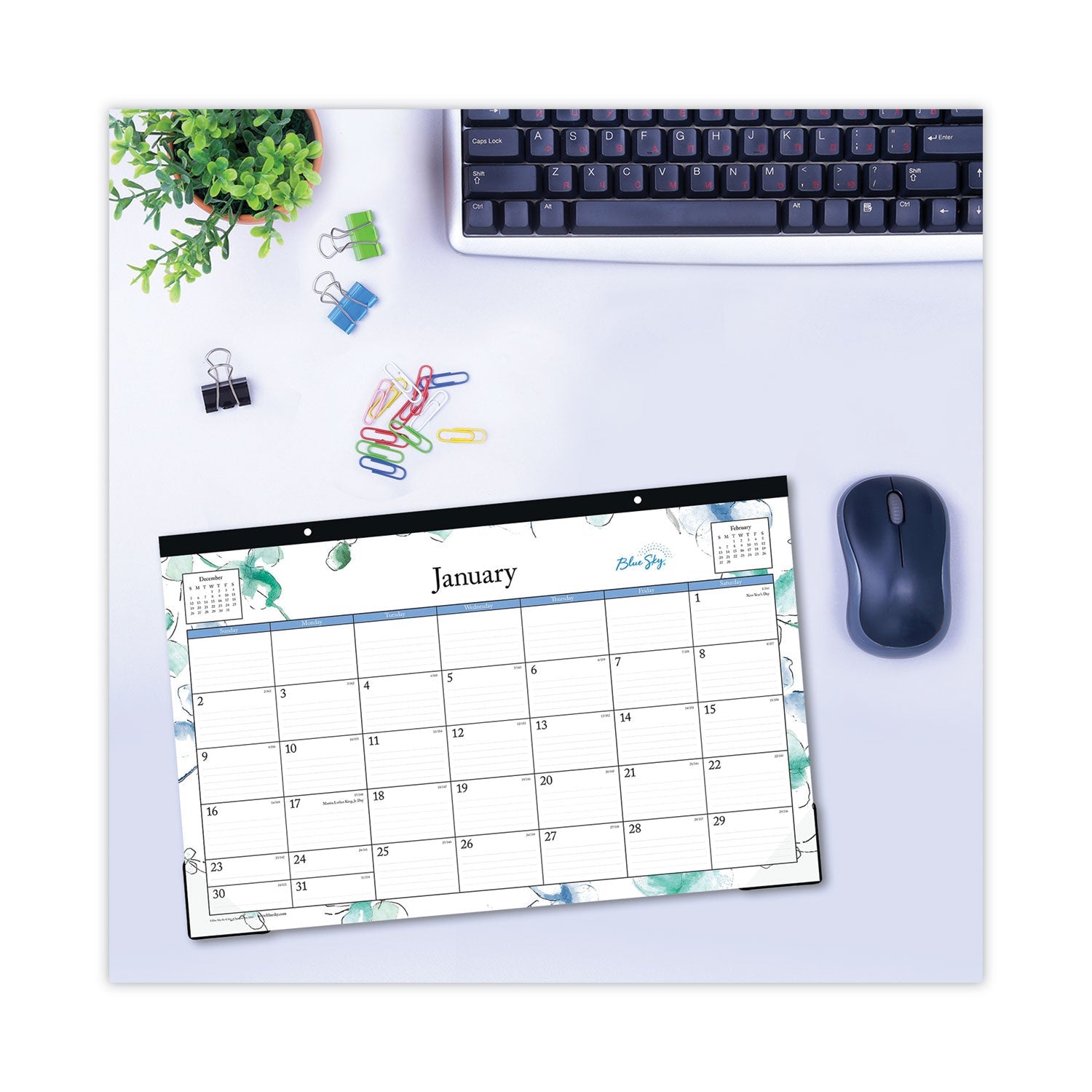 Blue Sky® Lindley Desk Pad, Floral Artwork, 17 x 11, White/Blue/Green Sheets, Black Binding, Clear Corners, 12-Month (Jan to Dec): 2025