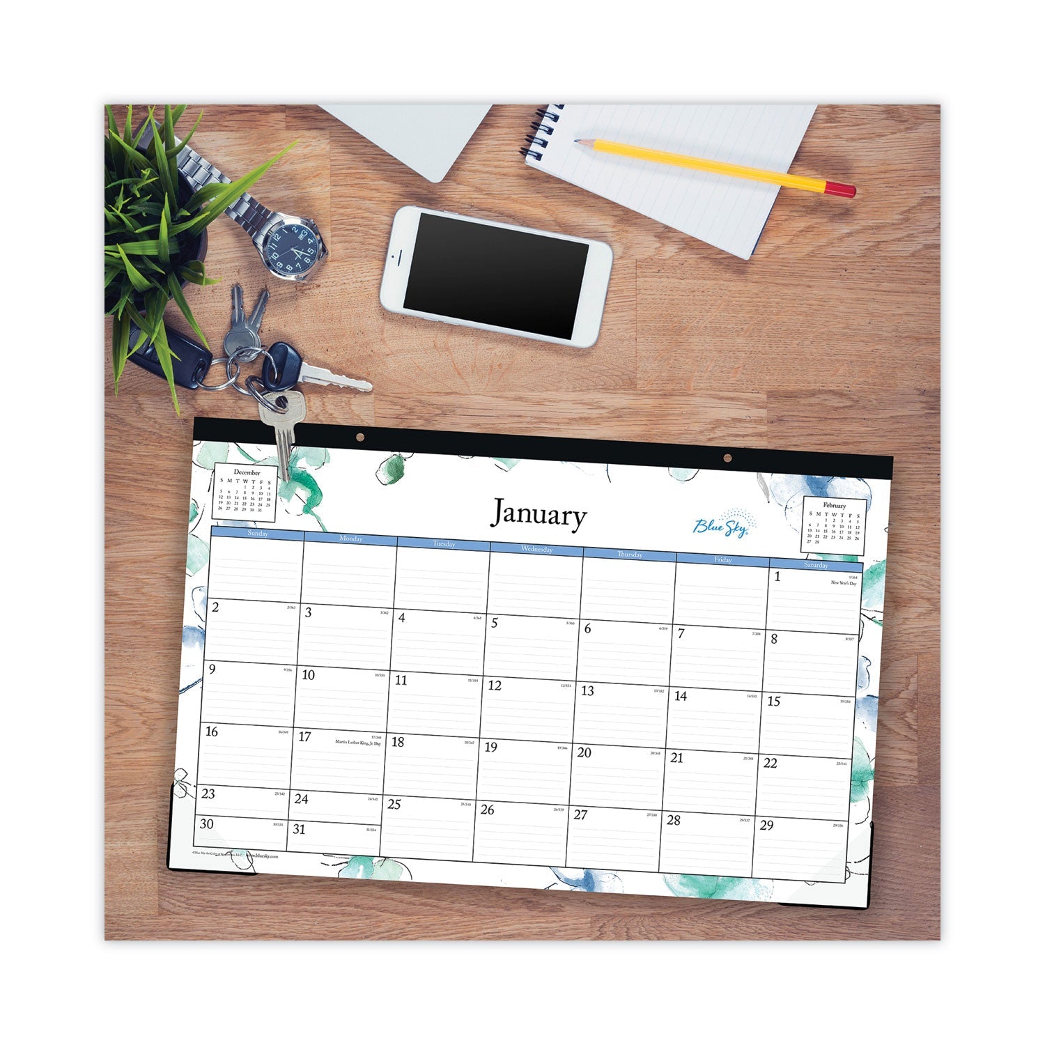 Blue Sky® Lindley Desk Pad, Floral Artwork, 17 x 11, White/Blue/Green Sheets, Black Binding, Clear Corners, 12-Month (Jan to Dec): 2025