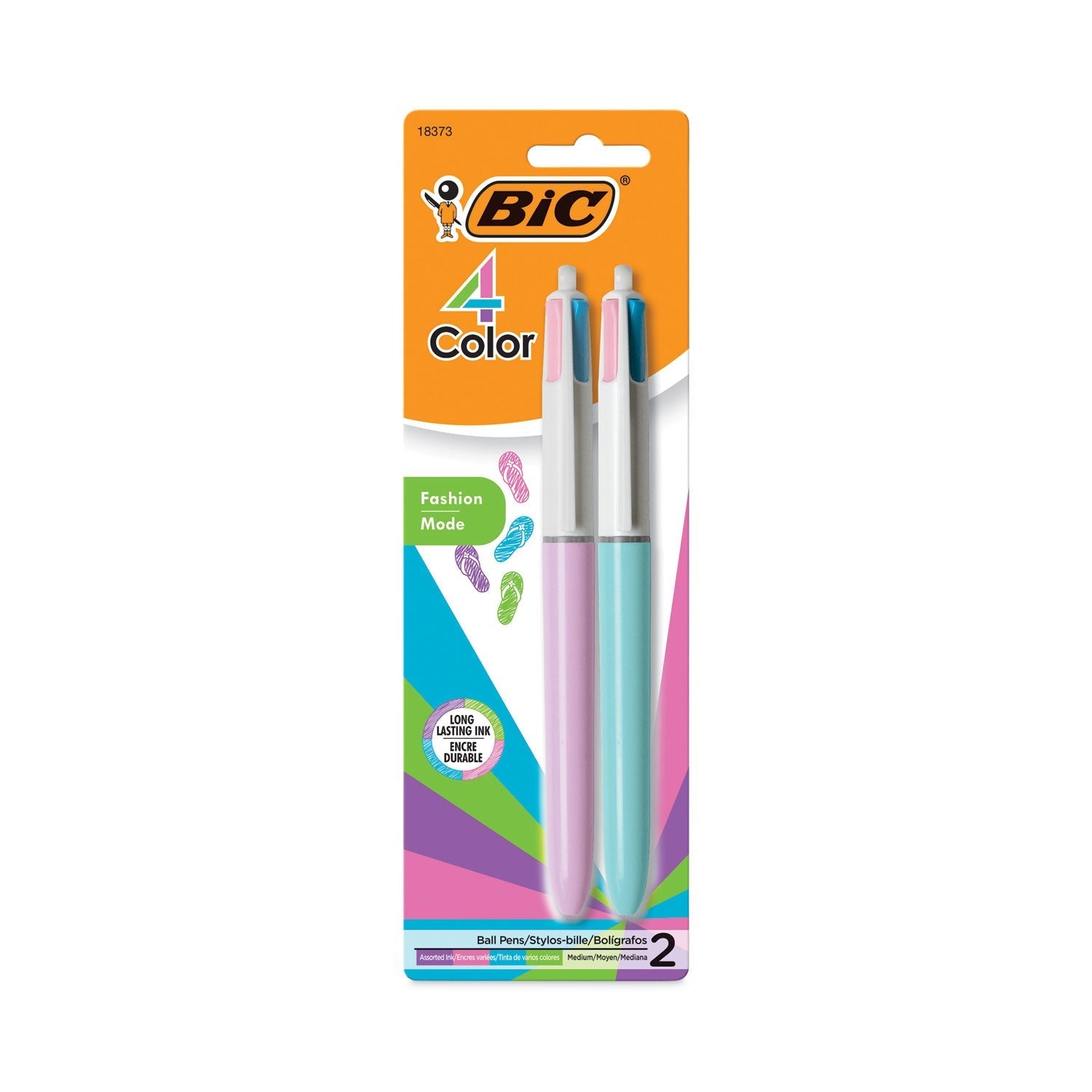 BIC® 4-Color Multi-Color Ballpoint Pen, Retractable, Medium 1 mm, Lime/Pink/Purple/Turquoise Ink, Assorted Barrel Colors, 2/Pack