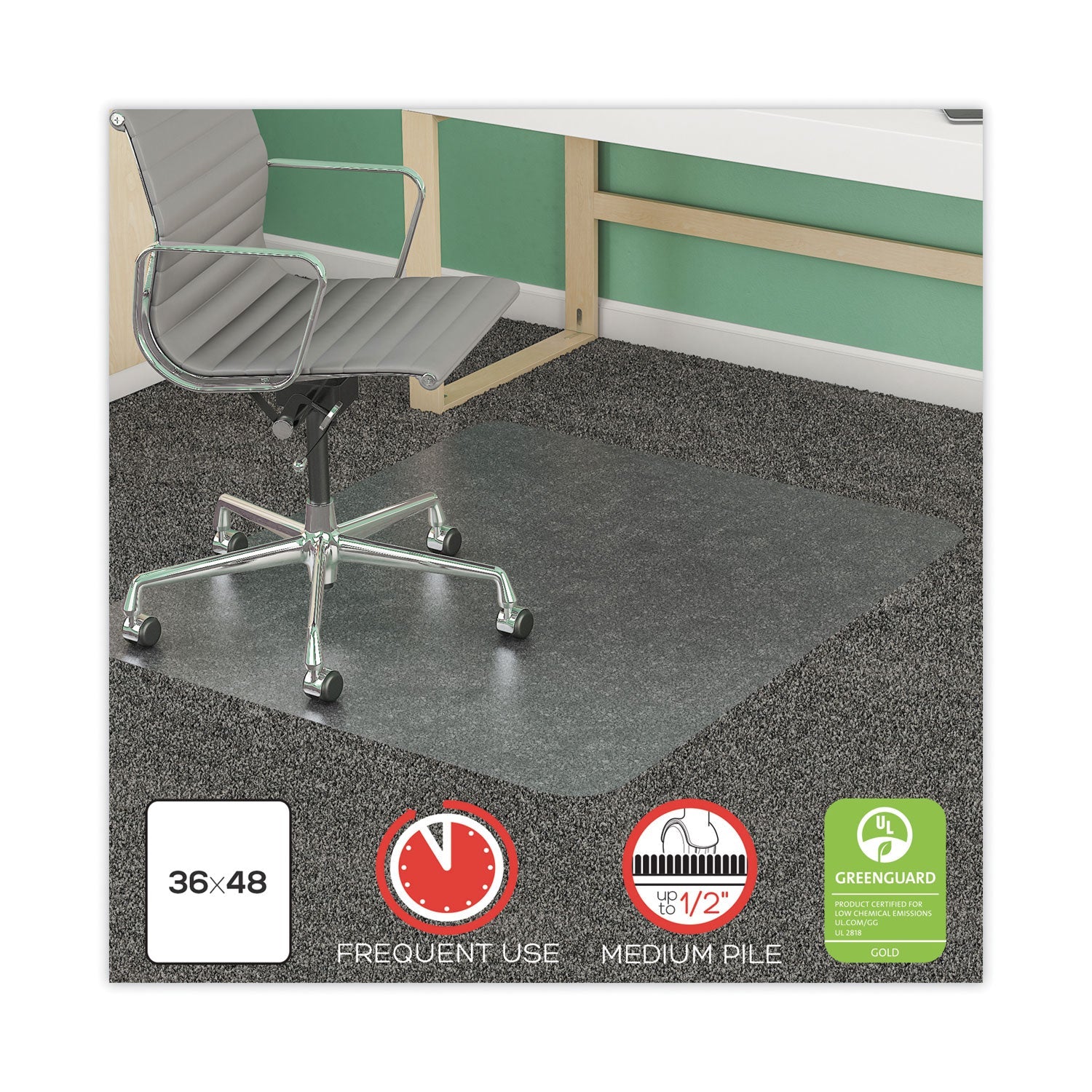 deflecto® Supermat Frequent Use Chair Mat, Med Pile Carpet, Roll, 45 X 53, Rectangular, Clear