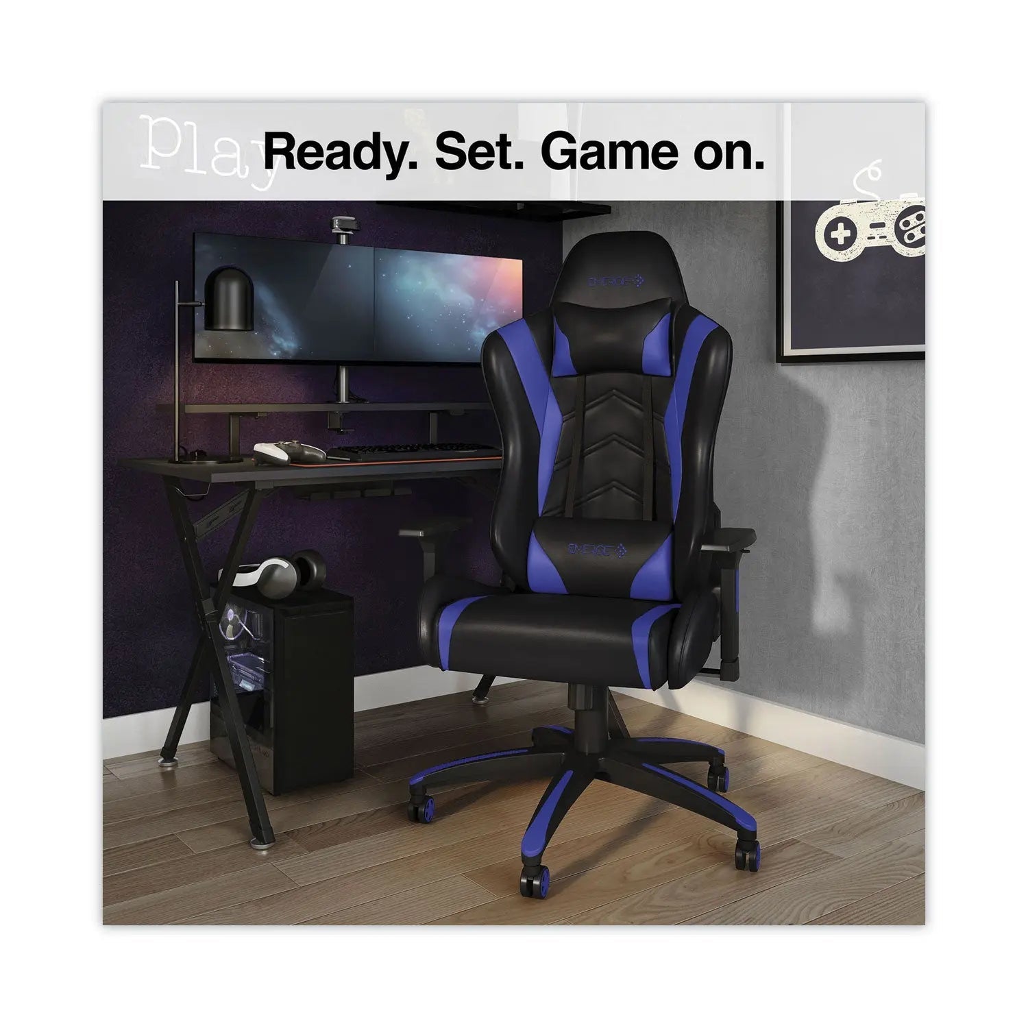 Emerge™ Vartan Bonded Leather Gaming Chair, Supports Up to 275 lbs, Blue/Black Seat, Blue/Black Back, Black Base