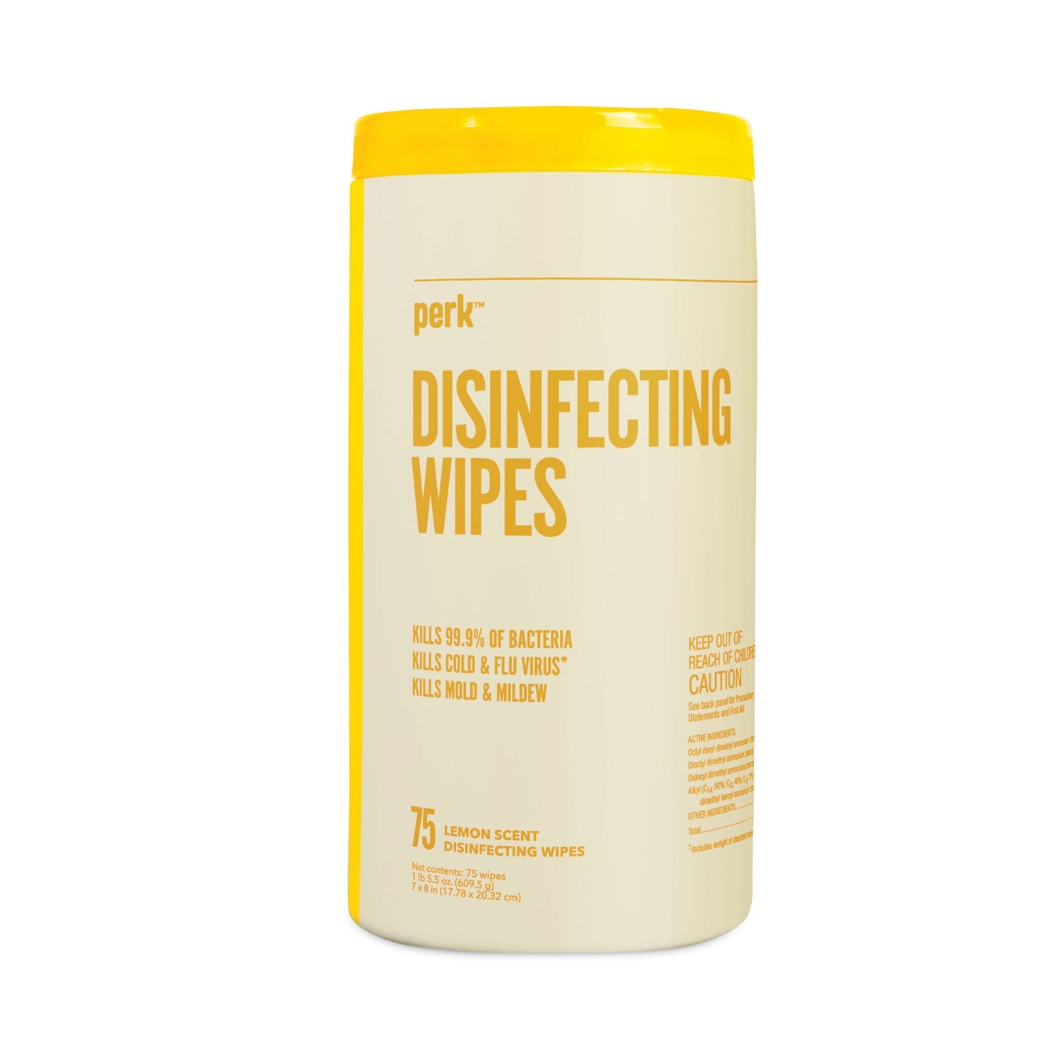 Perk™ Disinfecting Wipes, 7 x 8, Lemon, White, 75 Wipes/Canister, 6 Canisters/Carton