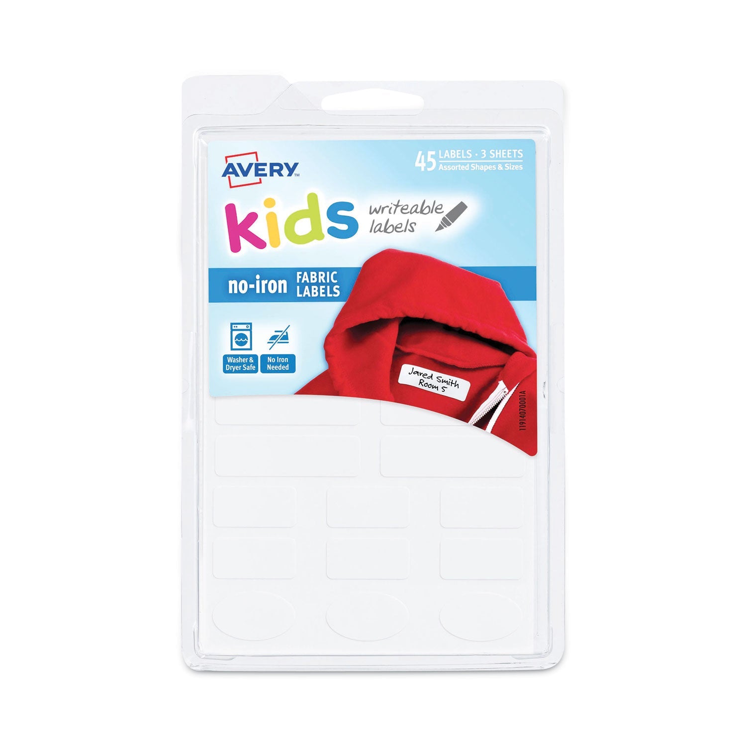 Avery® Avery Kids No-Iron Fabric Labels, Handwrite Only, Assorted Shapes and Sizes, White, 15 Labels/Sheet, 3 Sheets/Pack