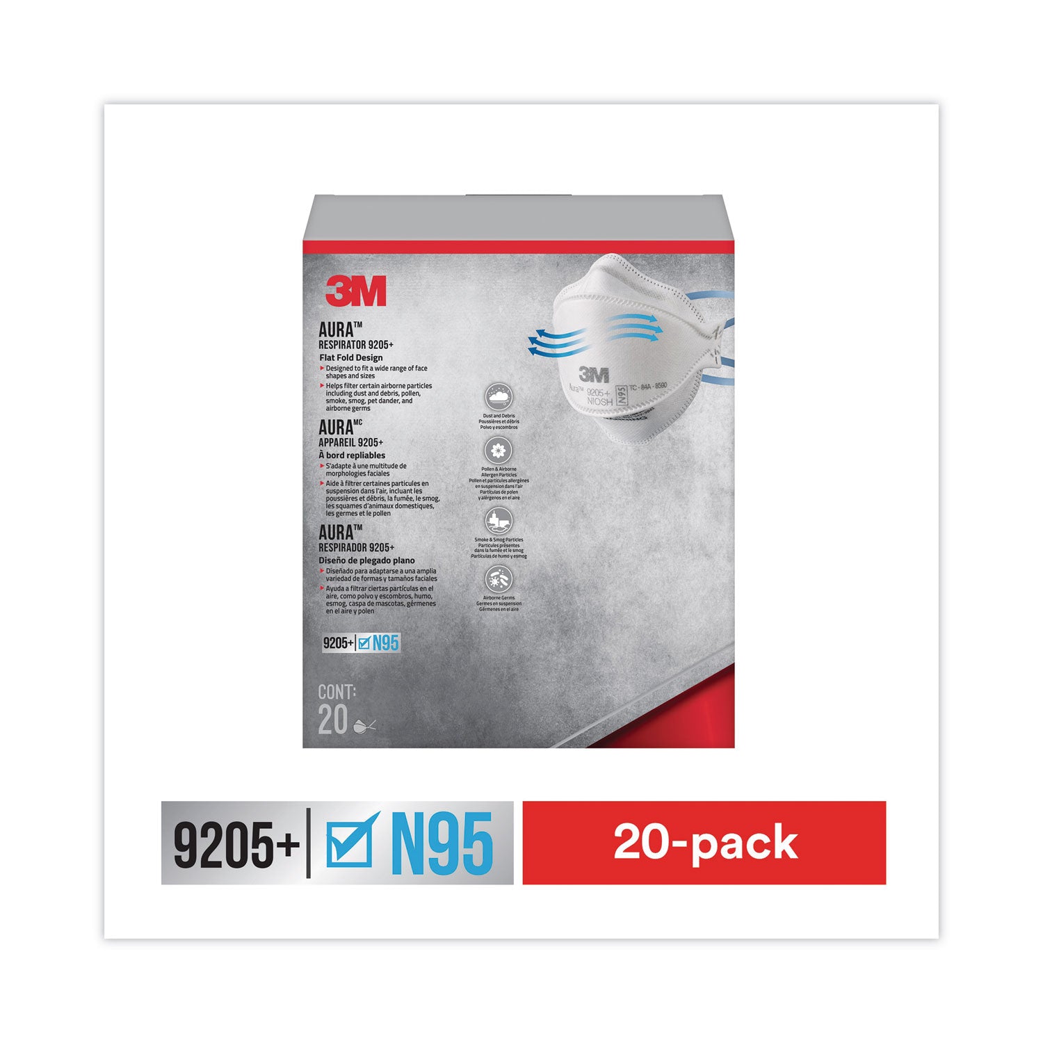 3M™ Aura Particulate Respirator 9205+, N95, One Size Fits All, 20/Pack