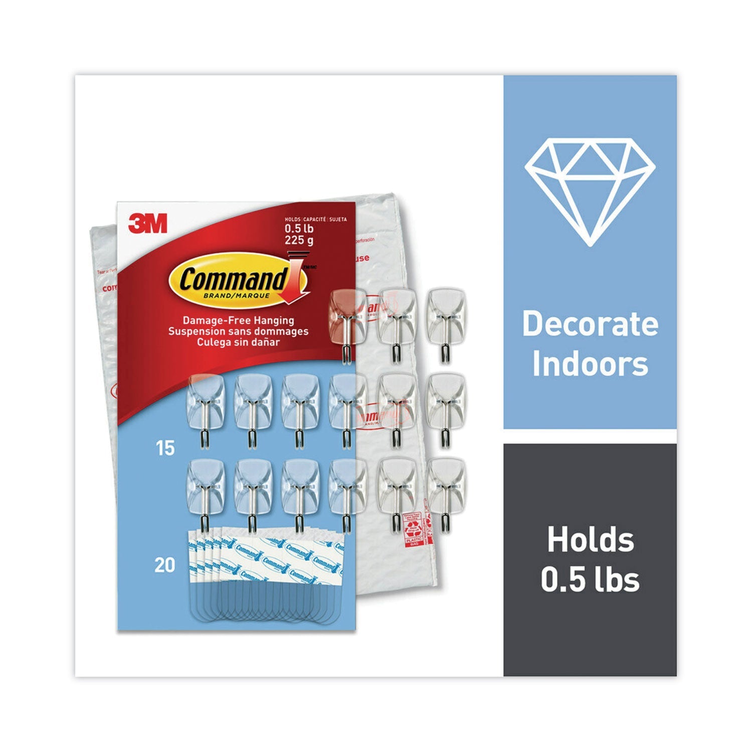 Command™ Small Wire Hooks, Small, Plastic/Metal, Clear, 0.5 lb Capacity, Clear, 15 Hooks and 20 Strips/Pack