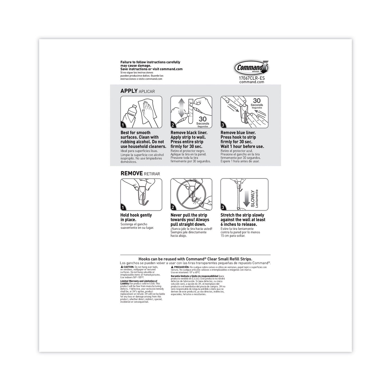 Command™ Small Wire Hooks, Small, Plastic/Metal, Clear, 0.5 lb Capacity, Clear, 15 Hooks and 20 Strips/Pack