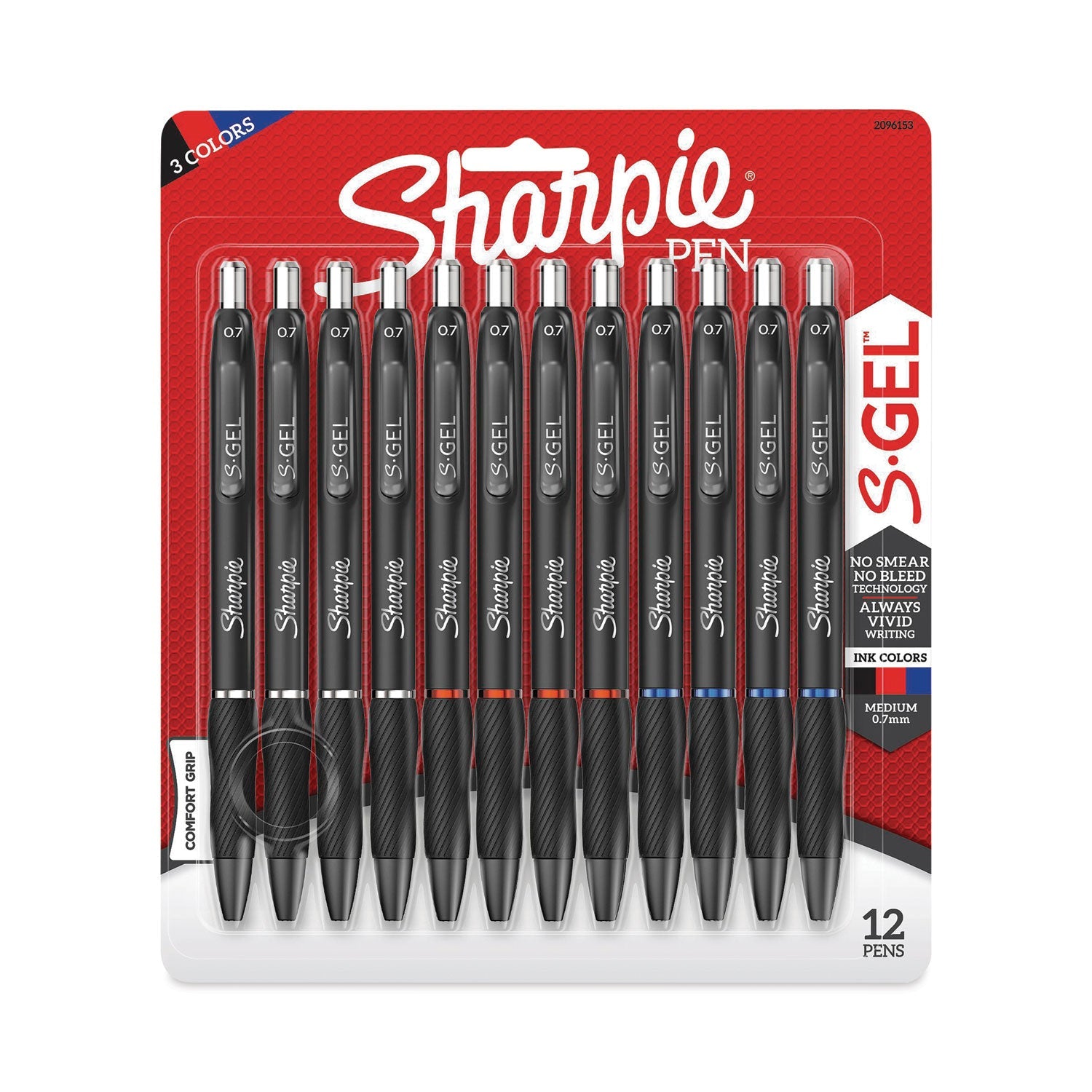 Sharpie® S-Gel™ S-Gel High-Performance Gel Pen, Retractable, Medium 0.7 mm, Assorted Ink Colors, Black Barrel, Dozen
