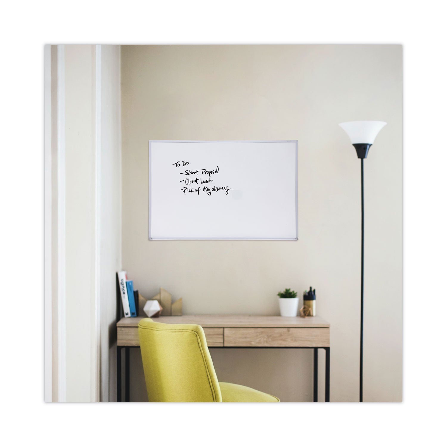 Universal® Melamine Dry Erase Board with Aluminum Frame, 36" x 24", White Surface, Anodized Aluminum Frame