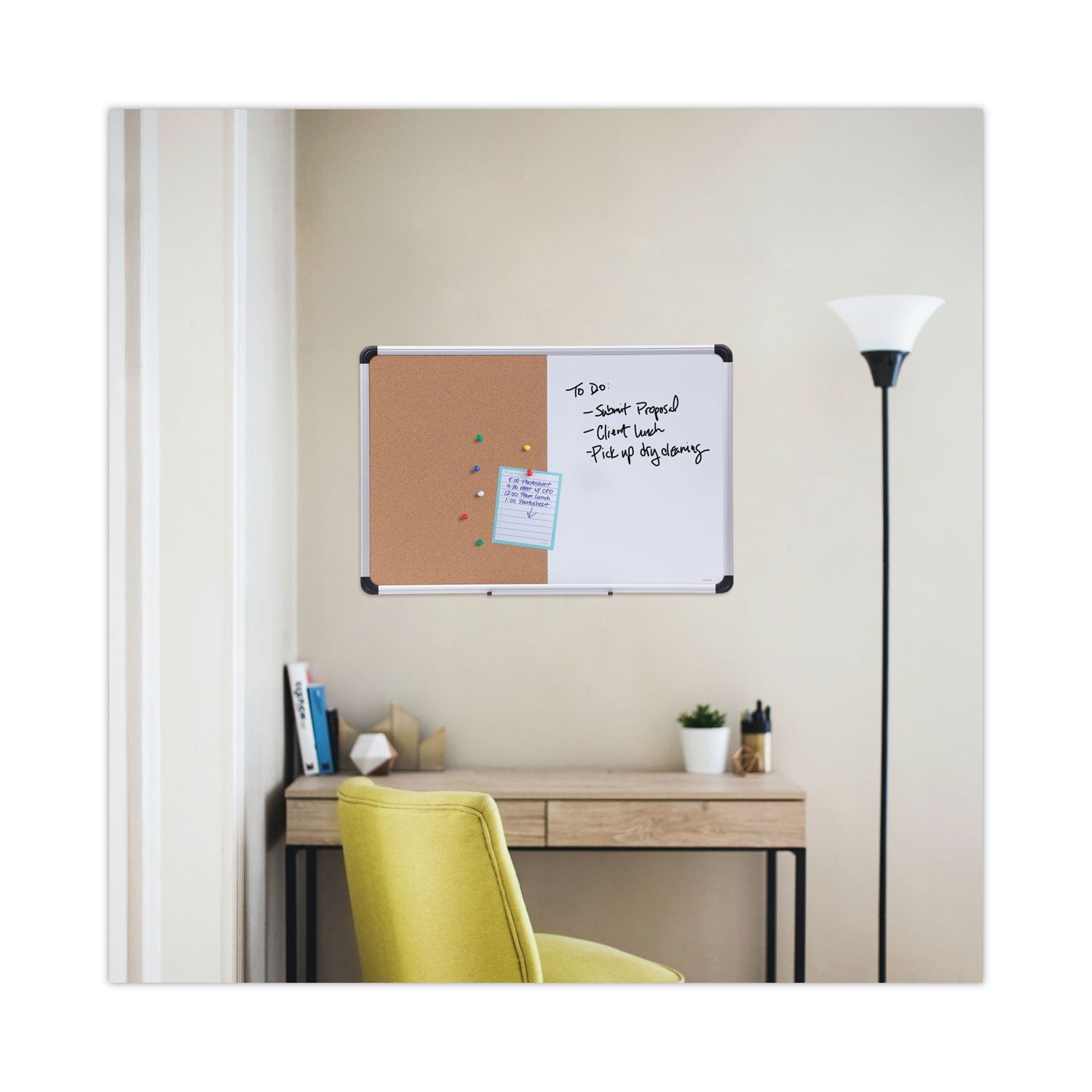 Universal® Combination Dry Erase/Bulletin Board, 36" x 24", Tan/White Surface, Black/Satin Aluminum Frame - Bloom Skins