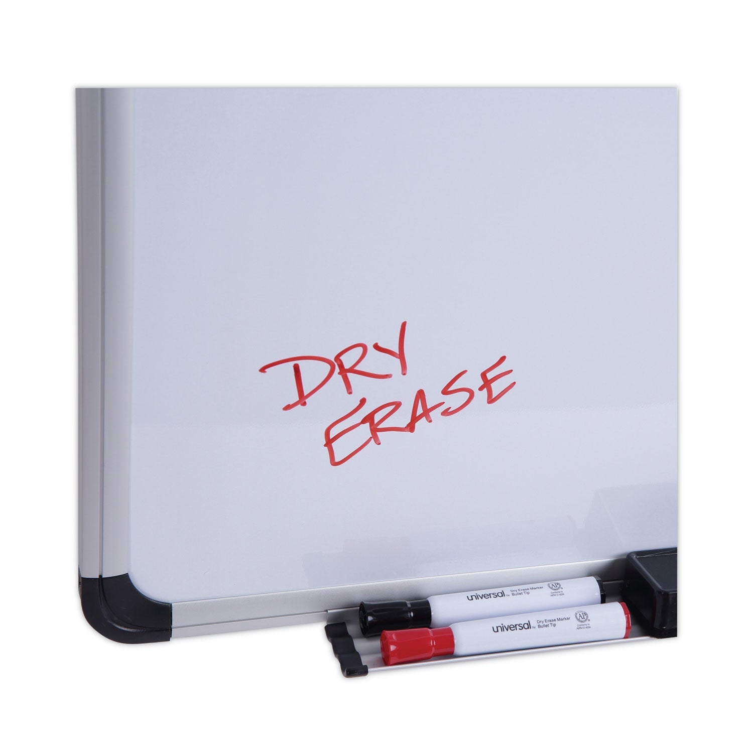 Universal® Deluxe Porcelain Magnetic Dry Erase Board, 36" x 24", White Surface, Silver/Black Aluminum Frame