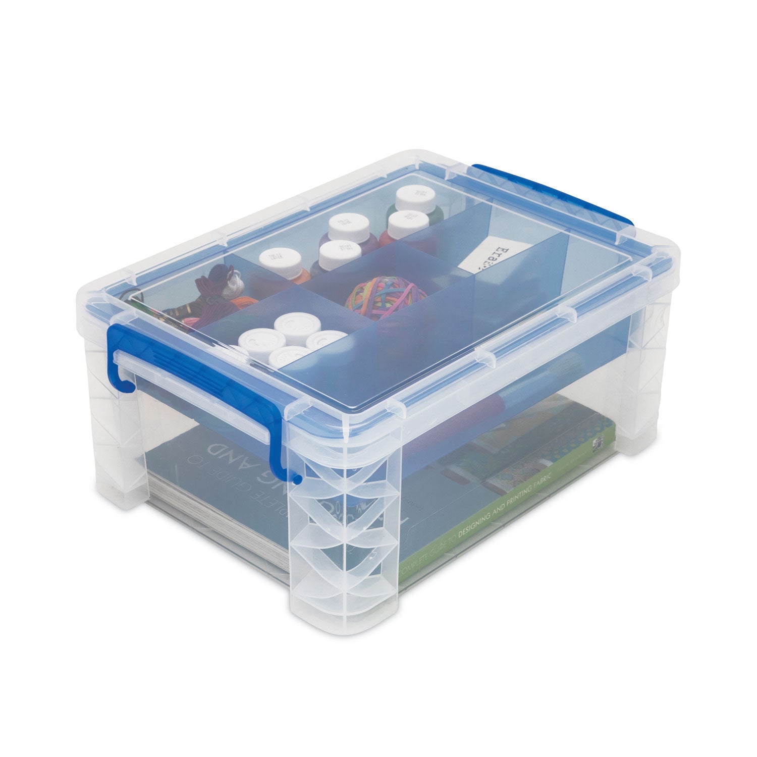 Advantus Super Stacker Divided Storage Box, 6 Sections, 10.38" X 14.25" X 6.5", Clear/blue