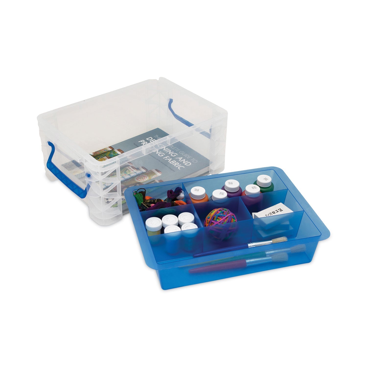 Advantus Super Stacker Divided Storage Box, 6 Sections, 10.38" X 14.25" X 6.5", Clear/blue