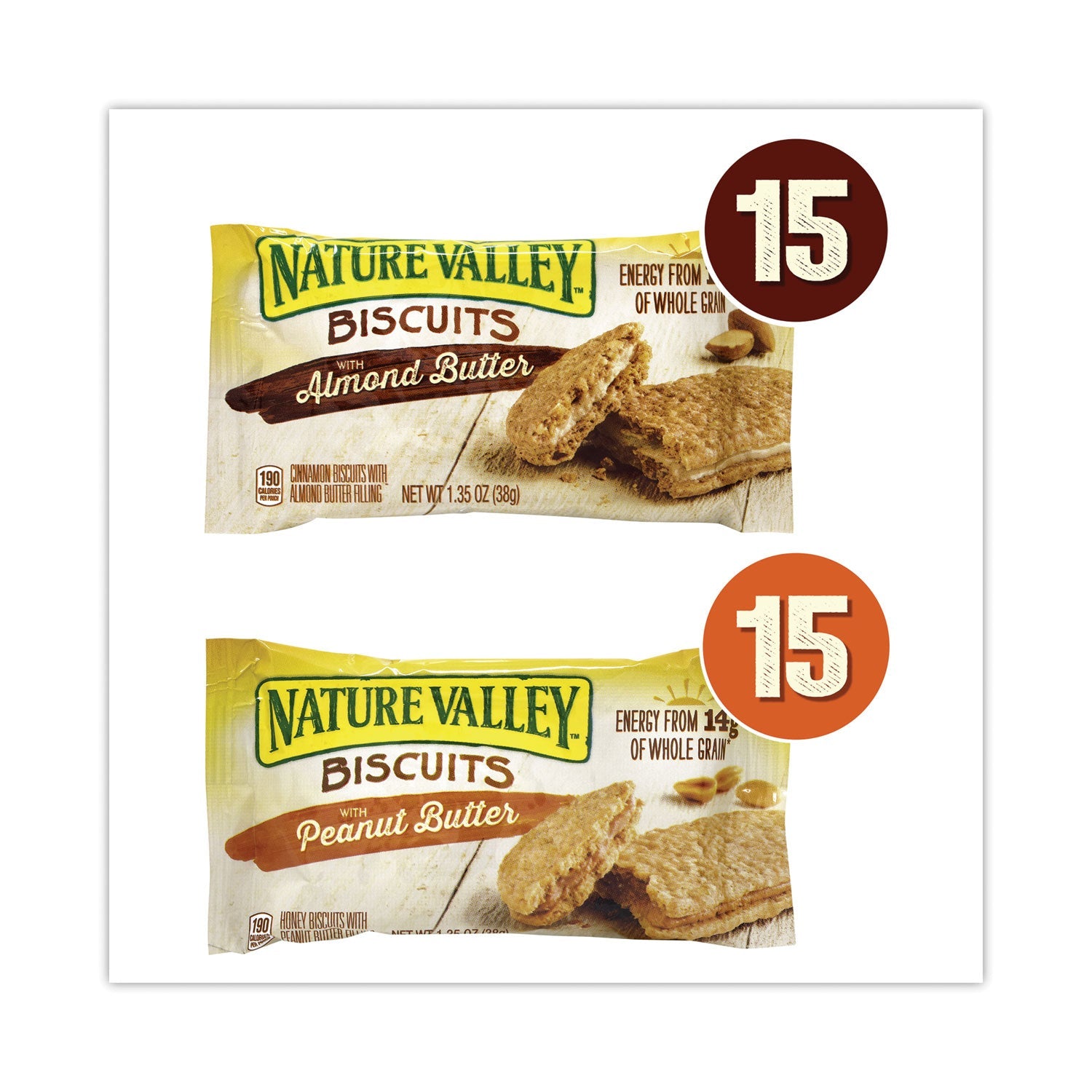 Nature Valley® Biscuits, Cinnamon with Almond Butter/Honey with Peanut Butter, 1.35 oz Pouch, 30/Carton