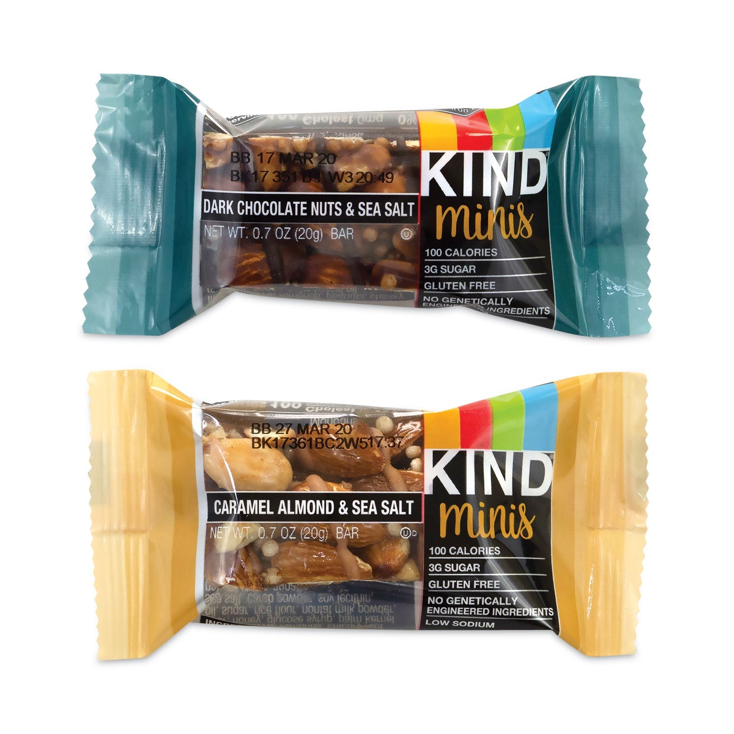 KIND Minis, Dark Chocolate Nuts Sea Salt/Caramel Almond Nuts Sea Salt, 0.7 oz Bar, 32 Bars/Carton