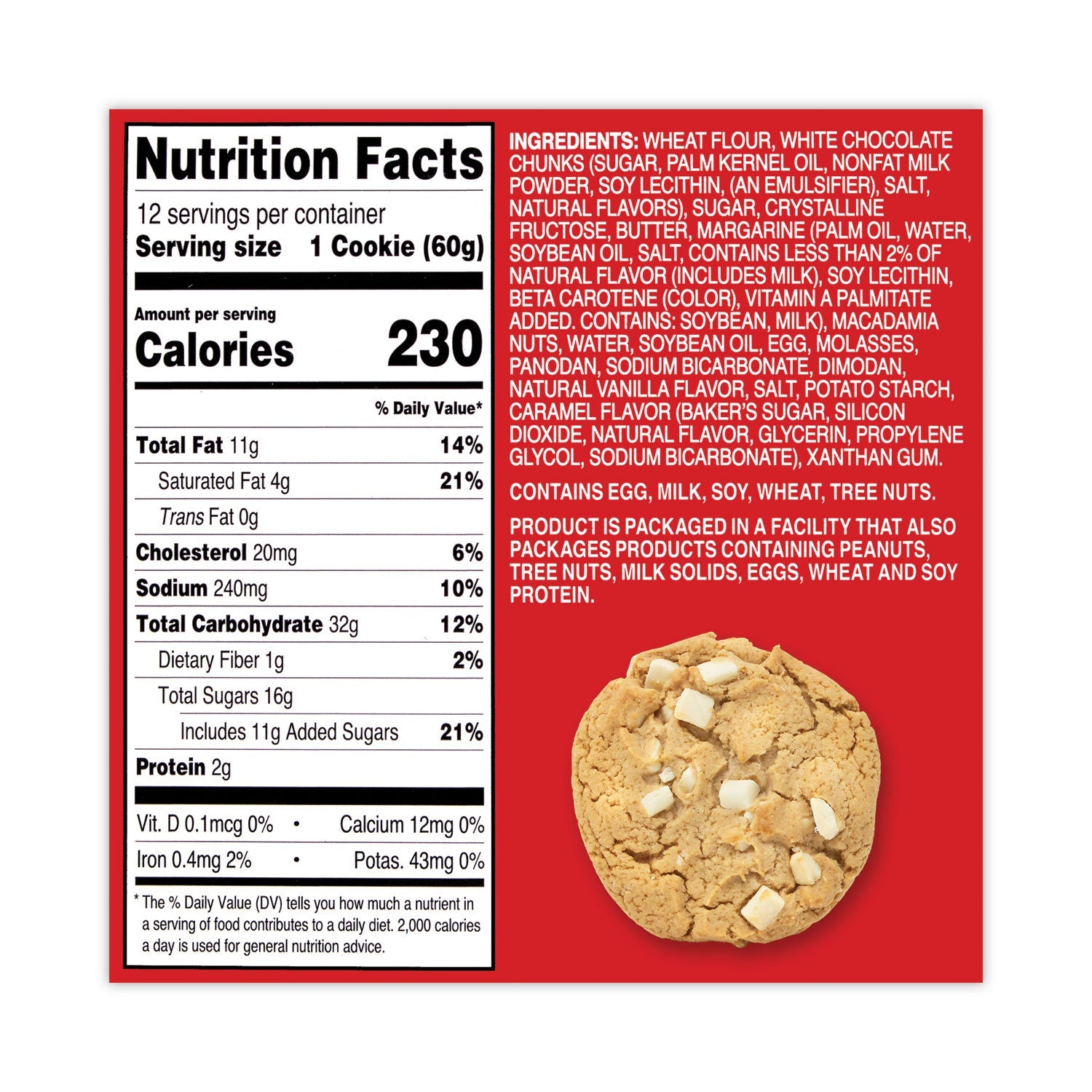 Mrs. Fields® White Chunk Macadamia Cookies, 2.1 oz, Individually Wrapped Pack, White Chocolate, 12/Carton - Bloom Skins