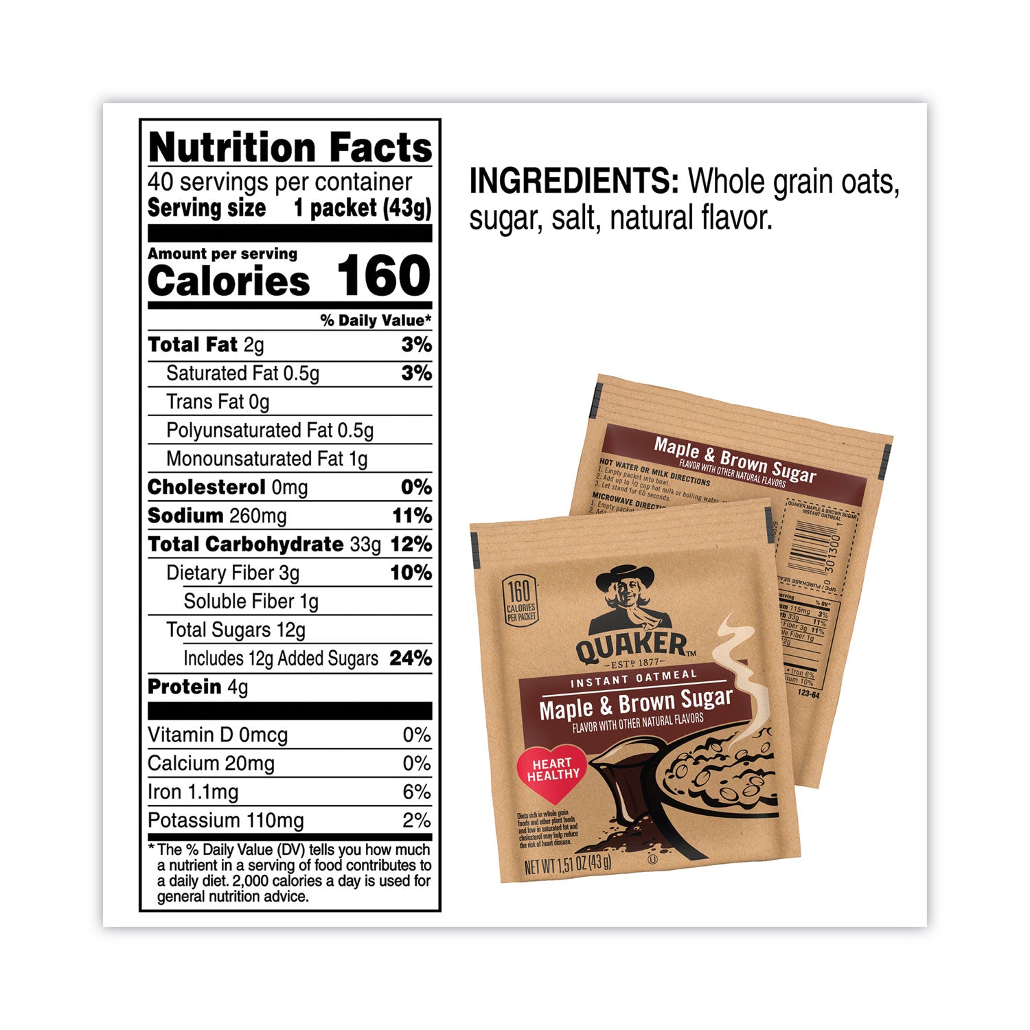 Quaker® Instant Oatmeal, Maple and Brown Sugar, 1.51 oz Packet, 40/Carton