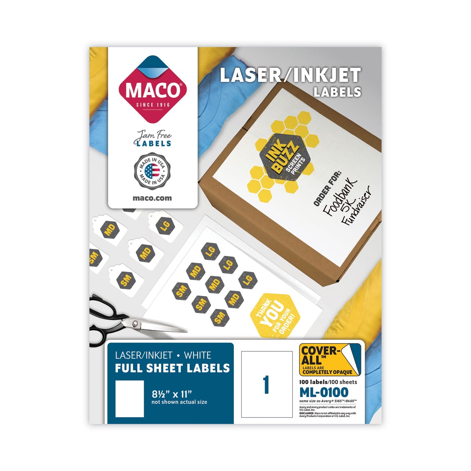 MACO® Cover-All Opaque Laser/inkjet Shipping Labels, Full-Sheet Format, Inkjet/laser Printers, 8.5 X 11, White, 100/box