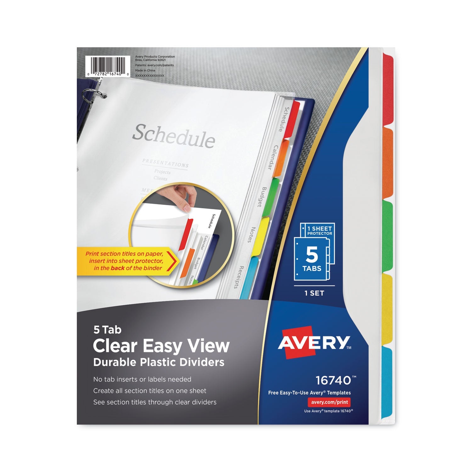 Avery® Clear Easy View Plastic Dividers With Multicolored Tabs And Sheet Protector, 5-Tab, 11 X 8.5, Clear, 1 Set