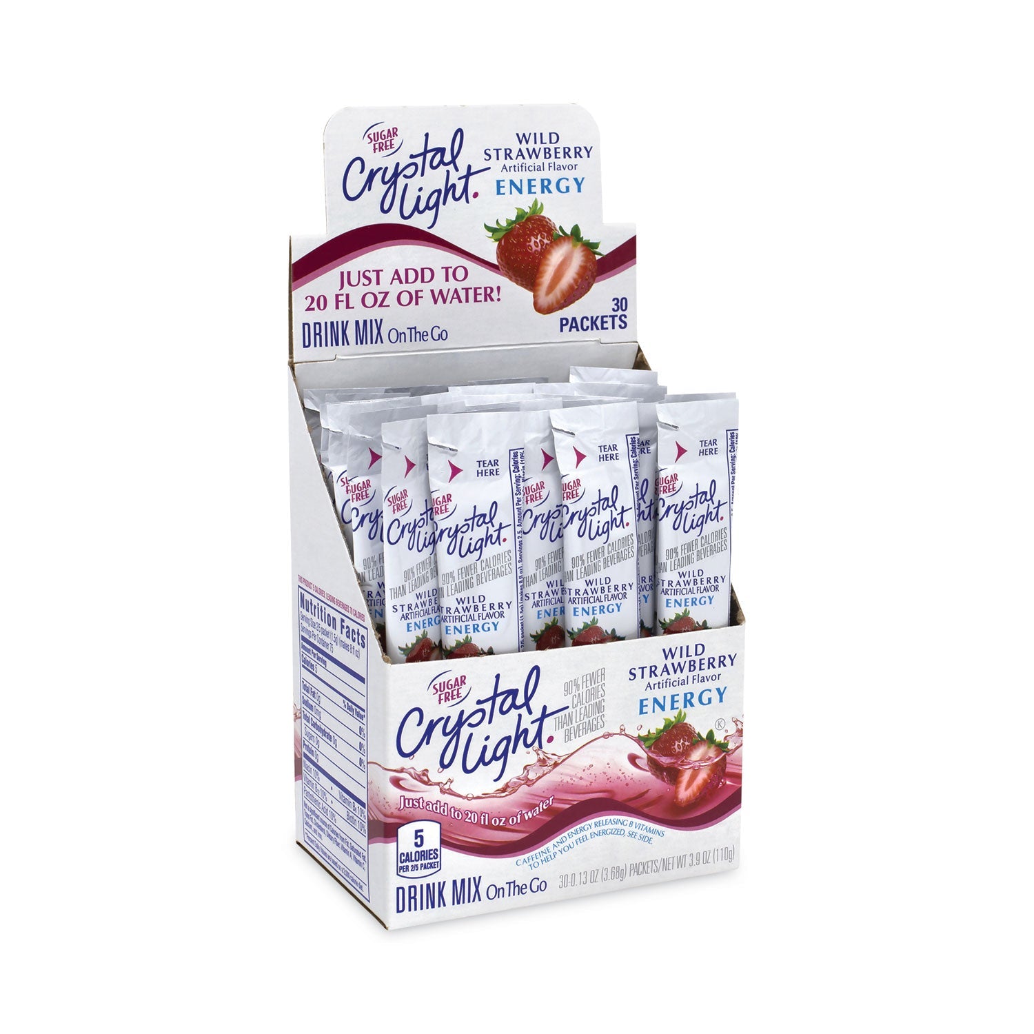 Crystal Light® On-The-Go Sugar-Free Drink Mix, Wild Strawberry Energy, 0.13 oz Single-Serving, 30/Pack, 2 Packs/Carton