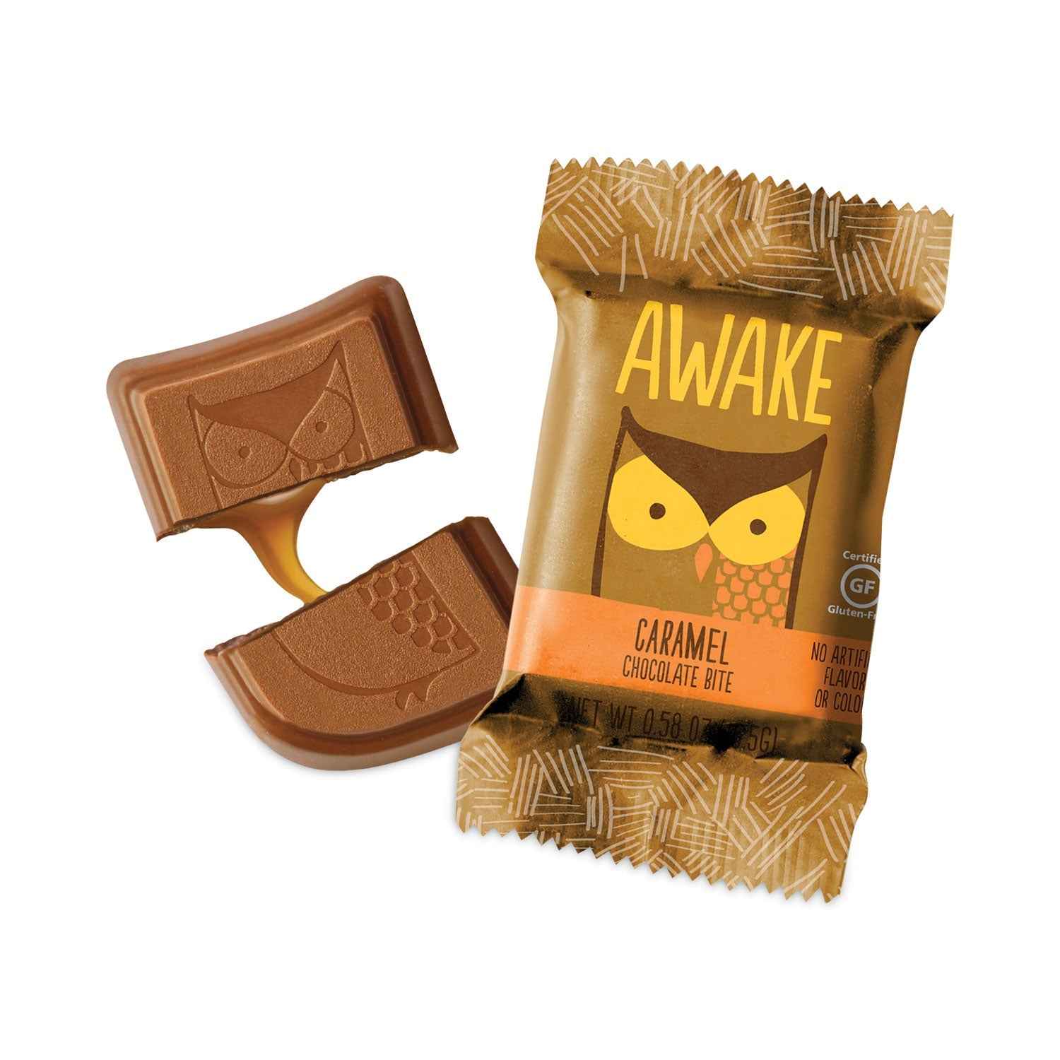 Awake Caffeinated Caramel Chocolate Bites, 0.58 oz Bars, 50 Bars/Carton