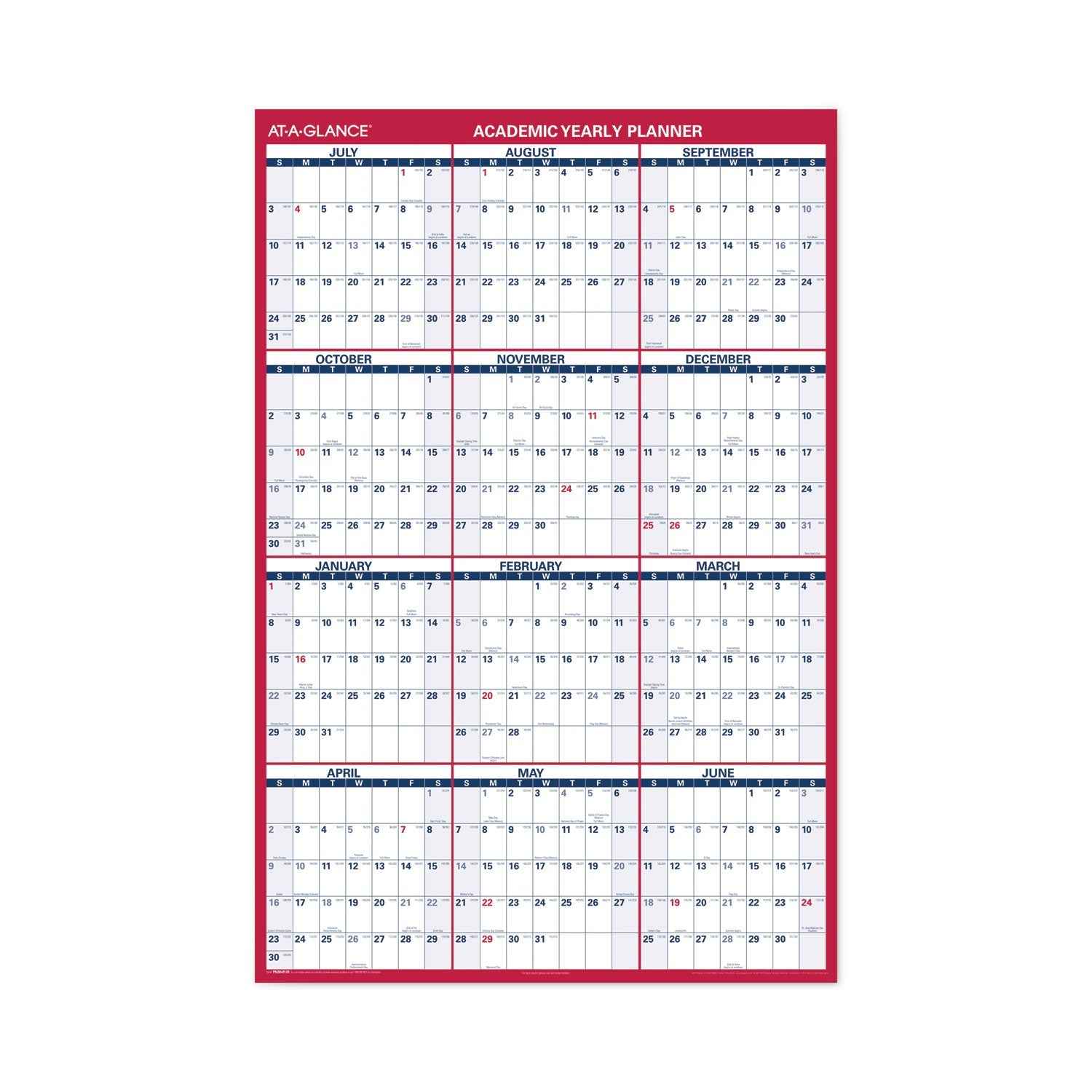 AT-A-GLANCE® Academic Erasable Reversible Extra Large Wall Calendar, 48 x 32, White/Blue/Red, 12 Month (July to June): 2024 to 2025