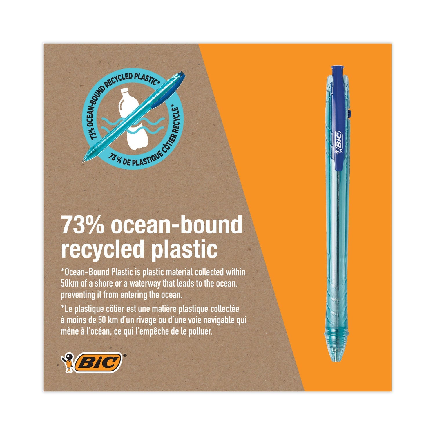 BIC® ReVolution Ocean Bound Ballpoint Pen, Retractable, Medium 1 mm, Blue Ink, Translucent Blue Barrel, Dozen