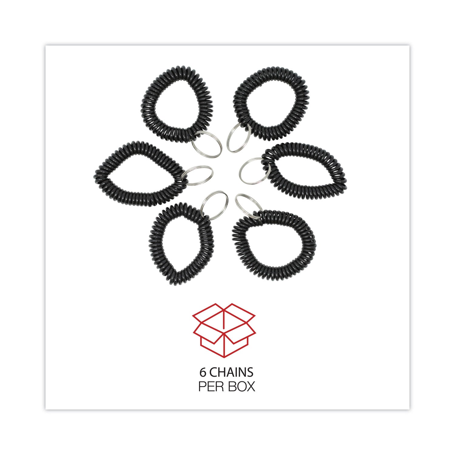 Universal® Wrist Coil Plus Key Ring, Plastic, Black, 6/pack